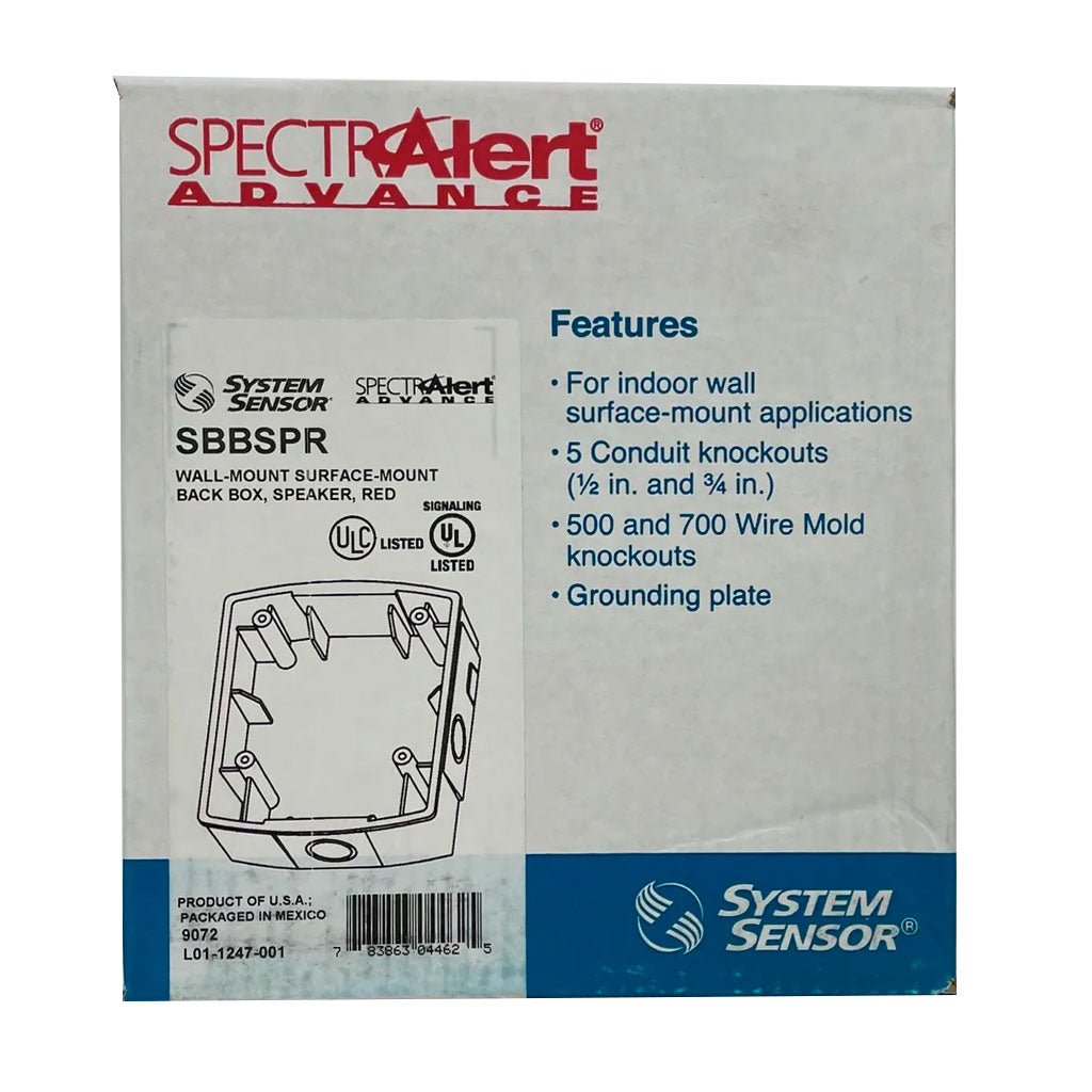 Red System Sensor SBBSPR wall mount back box for electrical and alarm systems, with mounting holes and durable plastic construction.