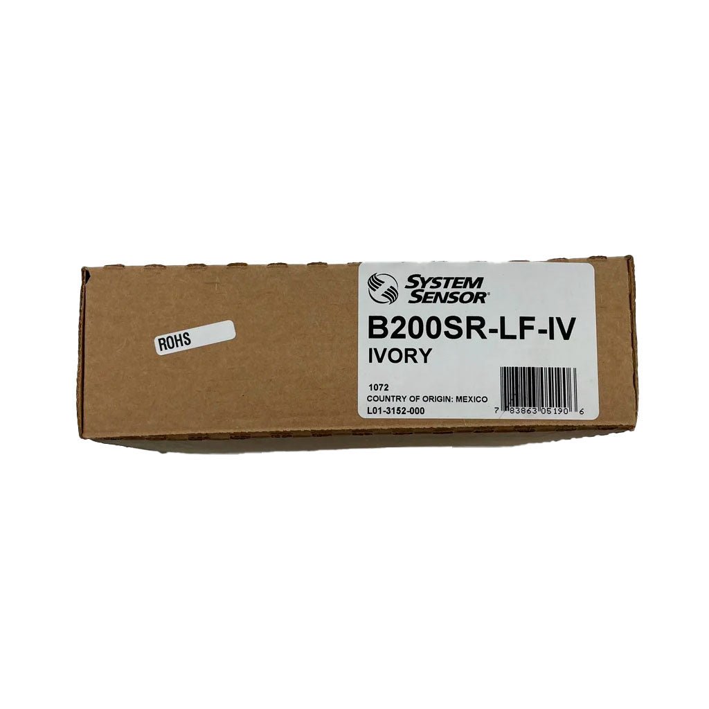 System Sensor B200SR-LF-IV low frequency sounder base mounted with wiring for fire alarm systems.
