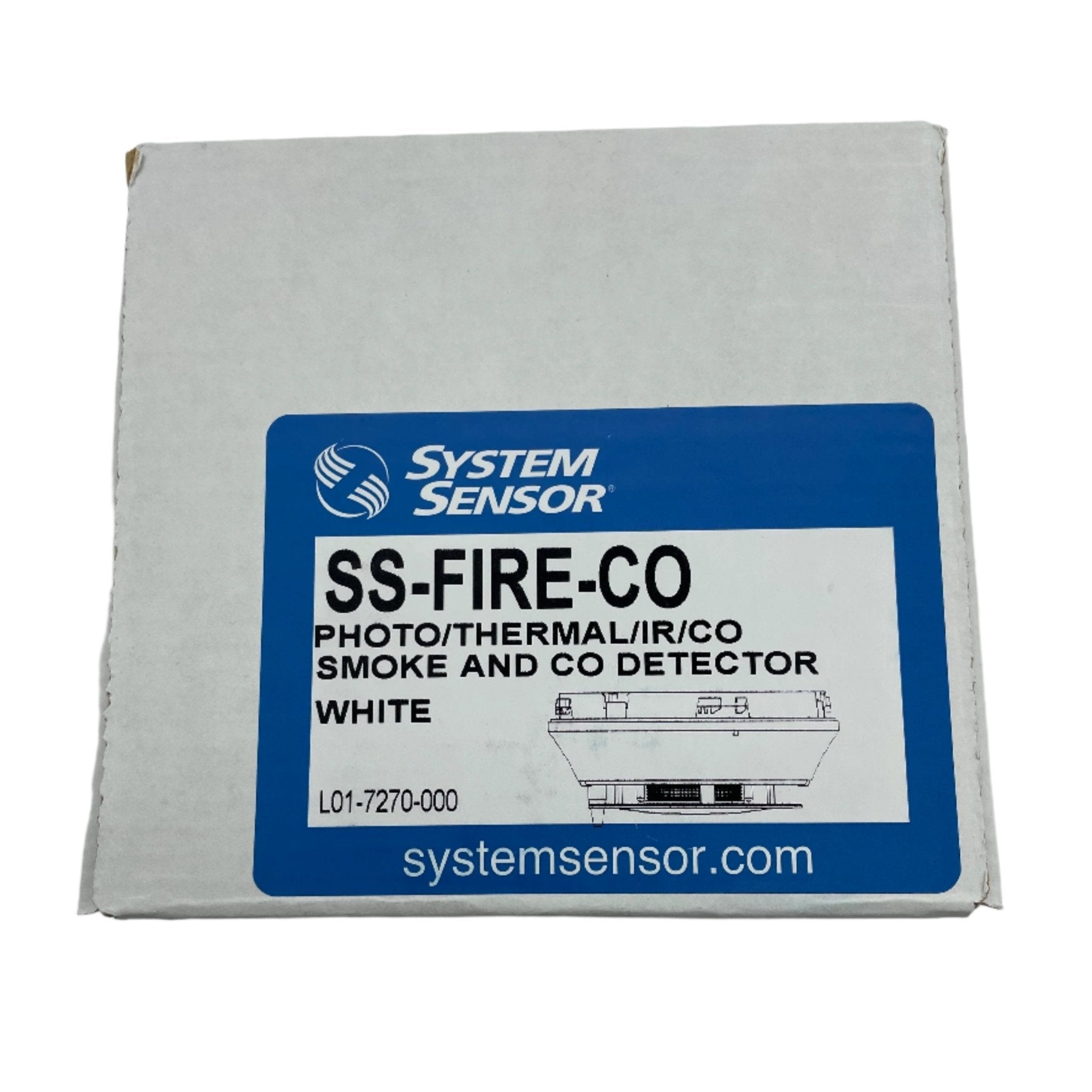 System Sensor SS-FIRE-CO multi-criteria fire and carbon monoxide detector mounted on wall, combining smoke and CO detection.