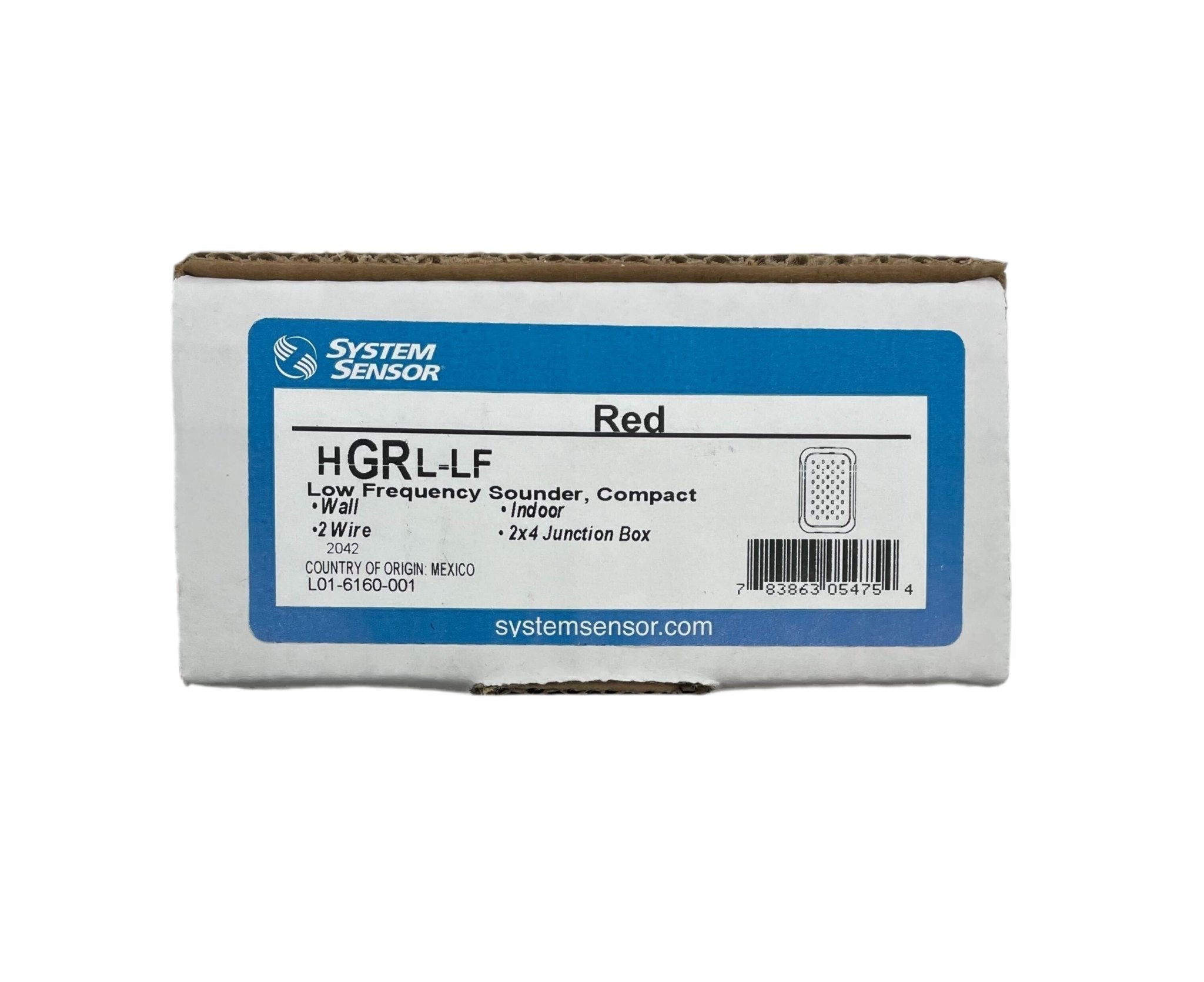 System Sensor HGRL-LF indoor low-frequency compact sounder, white alarm sounder with mounting bracket and sound outlet.
