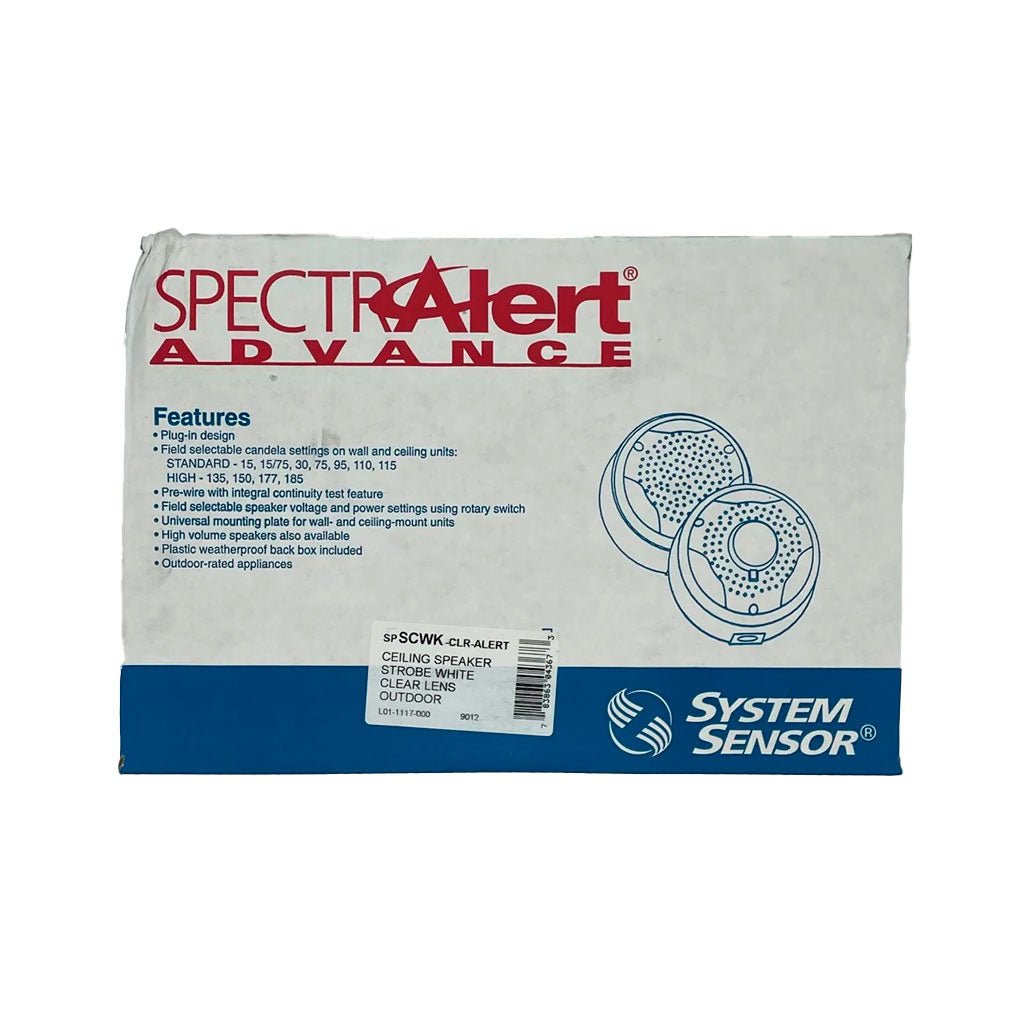 System Sensor SPSCWK-CLR-ALERT ceiling speaker strobe with clear lens and mounting bracket, designed for alert and warning signals.