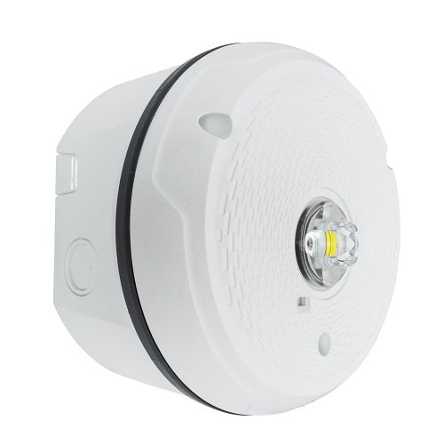System Sensor SCWKLED-P outdoor ceiling-mounted LED strobe in plain white, designed for visible outdoor warning signals