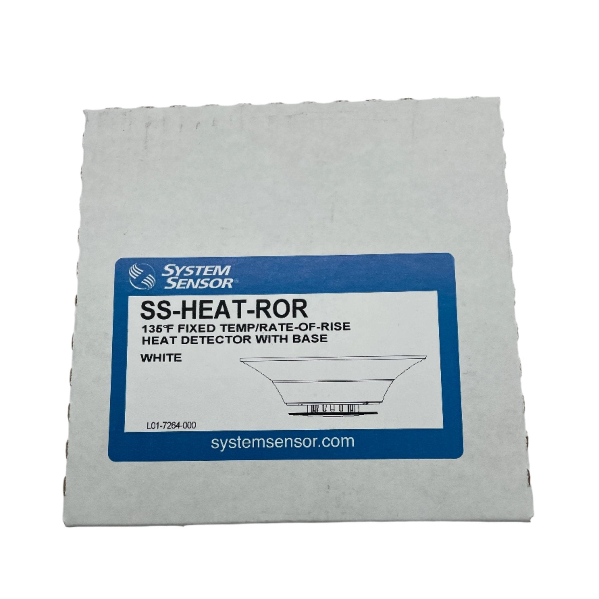 System Sensor SS-HEAT-ROR thermal detector mounted on wall, showcasing its compact design for fire and heat detection.