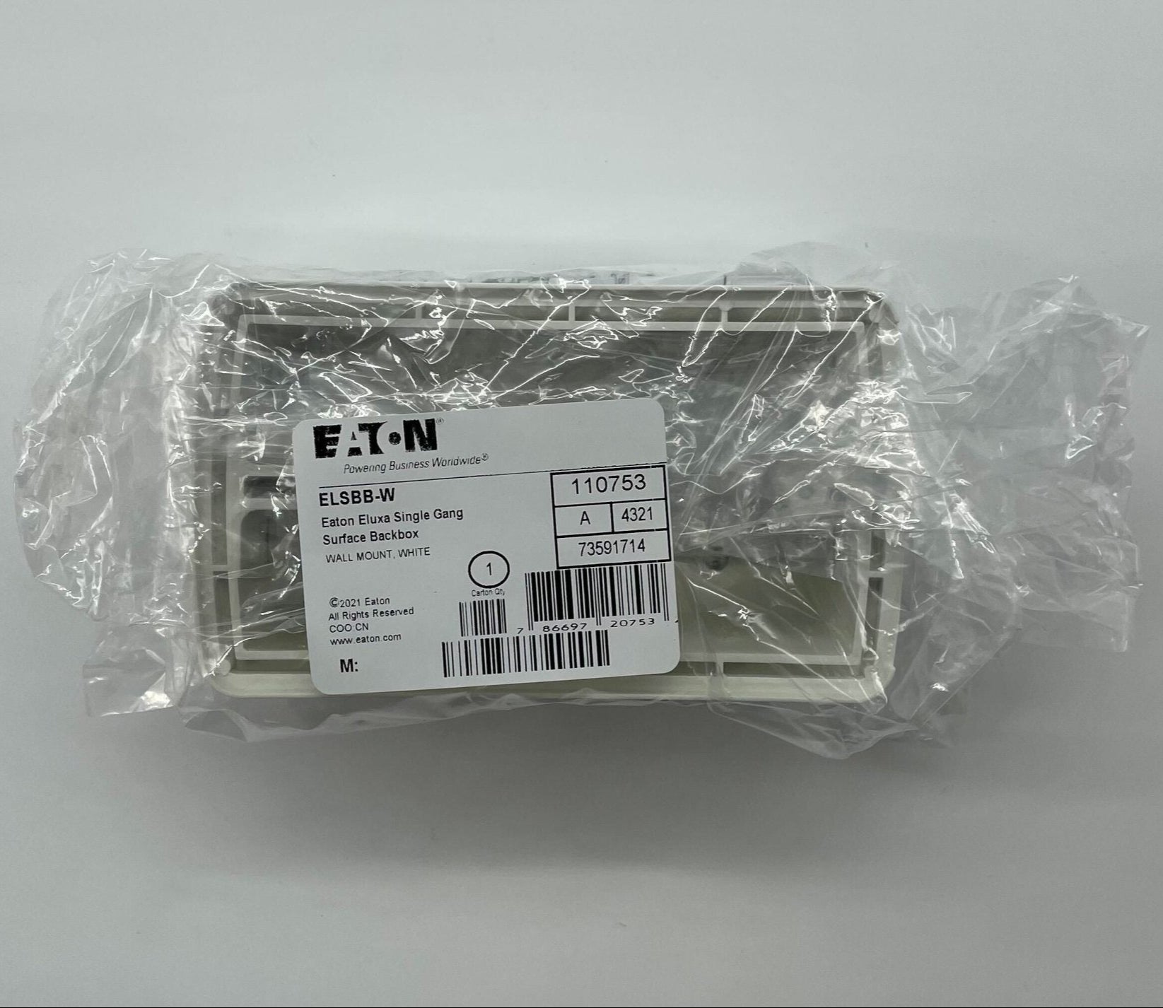 Eaton Wheelock Eluxa LED surface back box for electrical installations, rectangular metal enclosure with mounting holes.