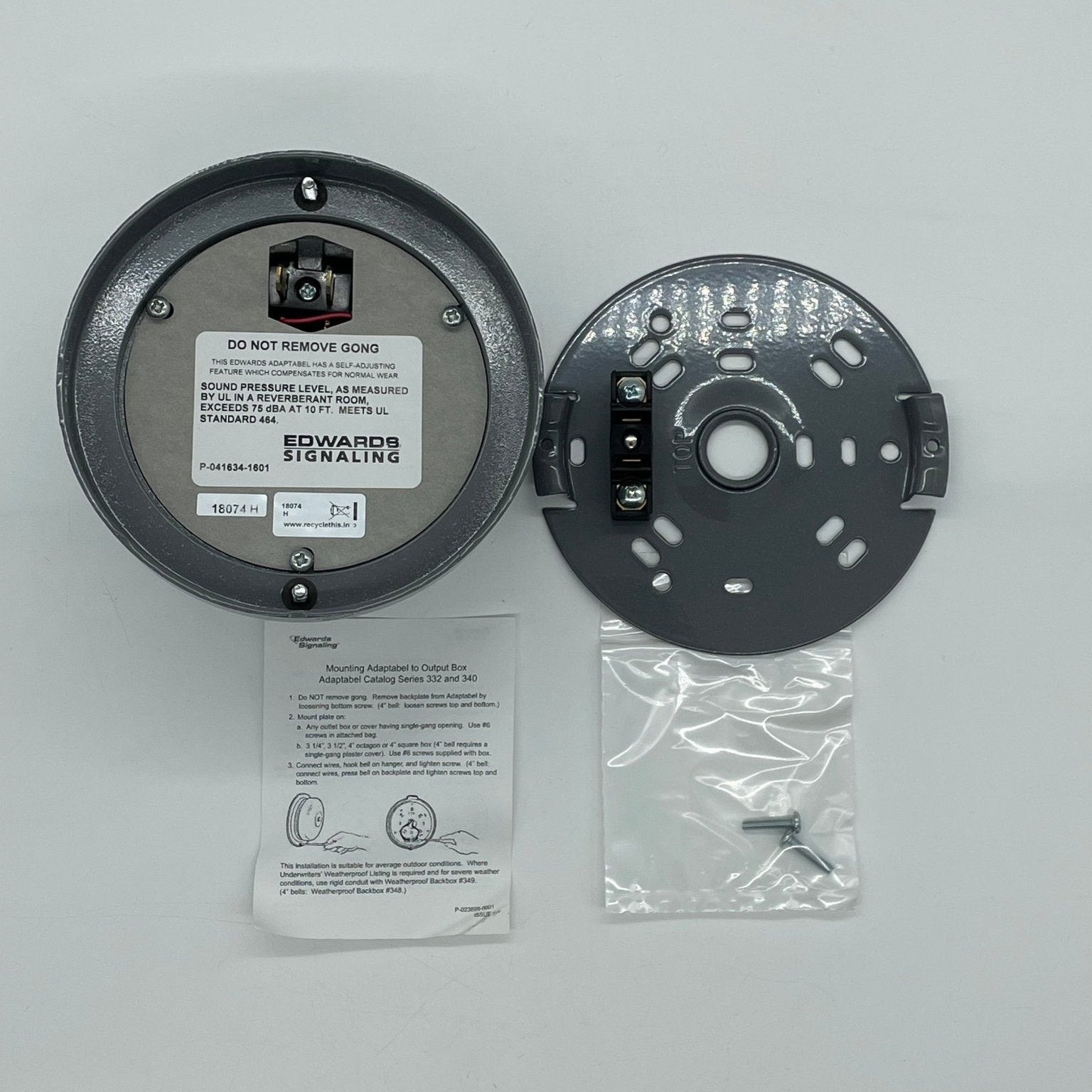 Edwards 340-4N5 4-inch AC bell, brass finish, vintage style with mounting bracket, used as a traditional bell or alarm.