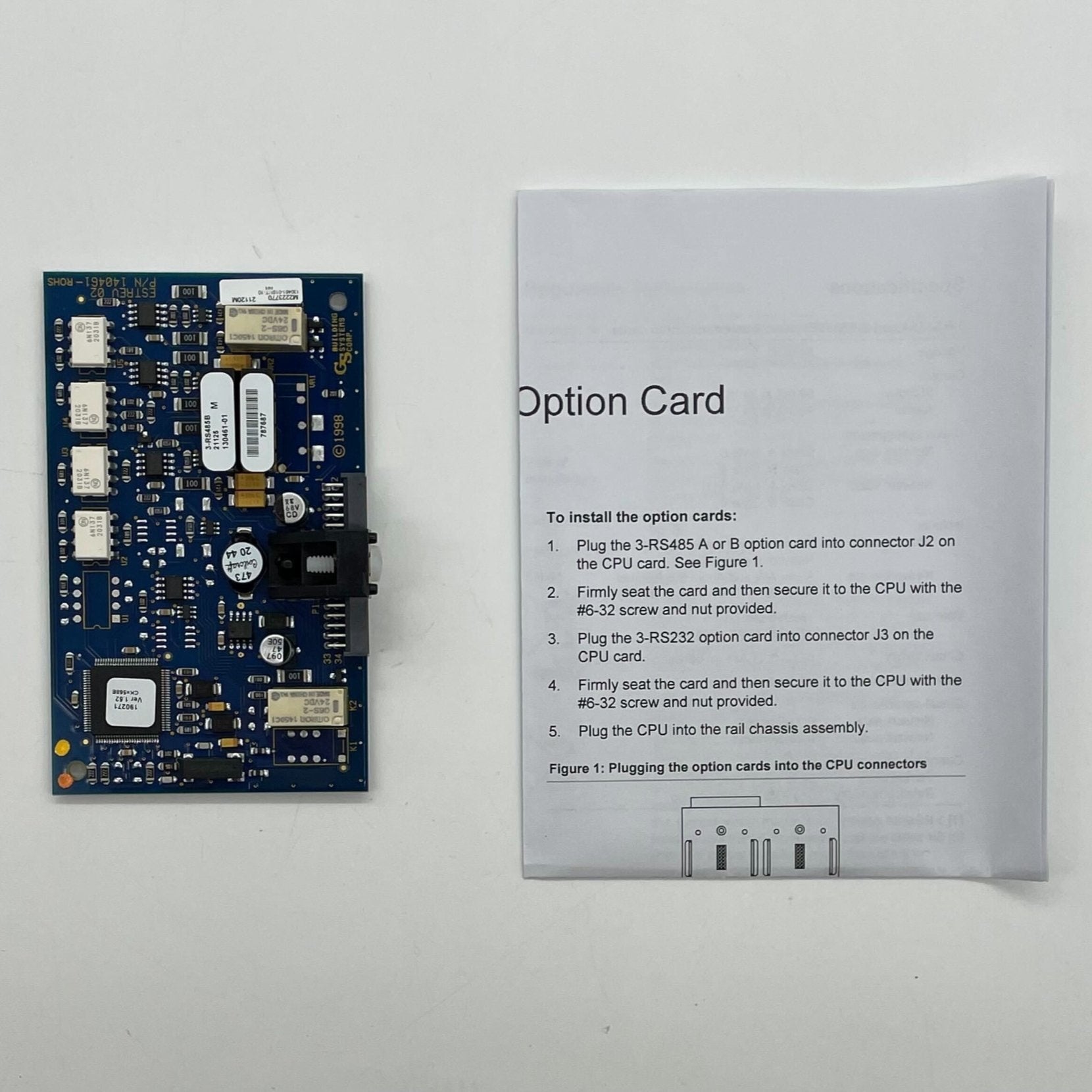Edwards 3-RS485B Network Communications Card for fire alarms, showing the card with ports and electrical components.