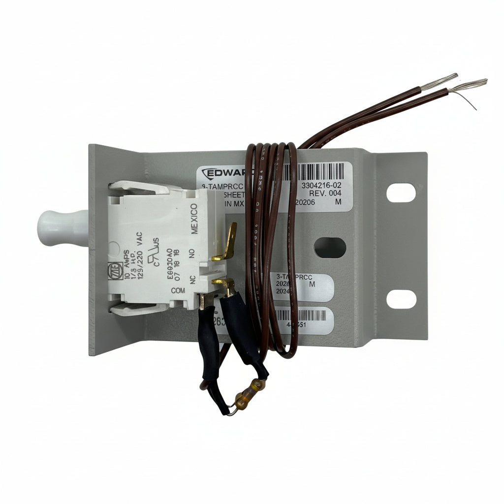 Edwards 3-TAMPRCC tamper switch for fire alarm systems, black plastic device with wiring terminals on the front.