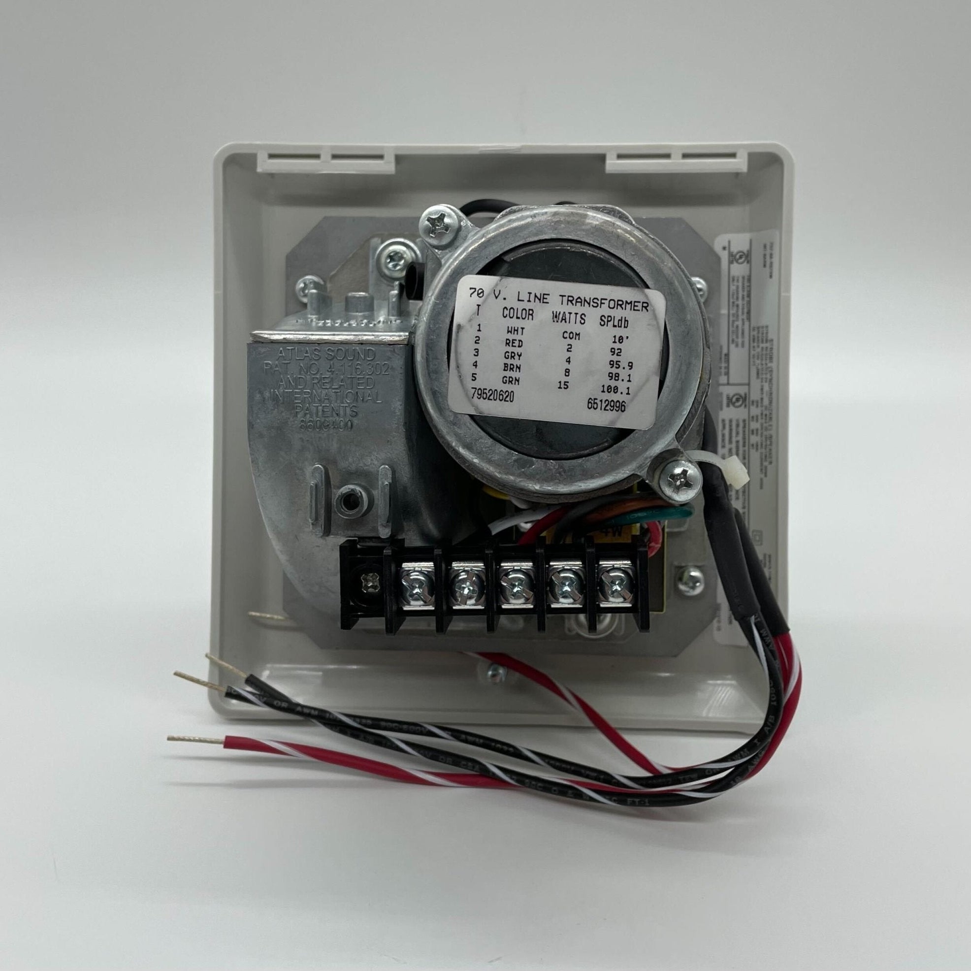 Edwards 757-8A-RS70W white re-entrant speaker strobe, 70V, mounted on wall, with clear lens and wiring connections visible
