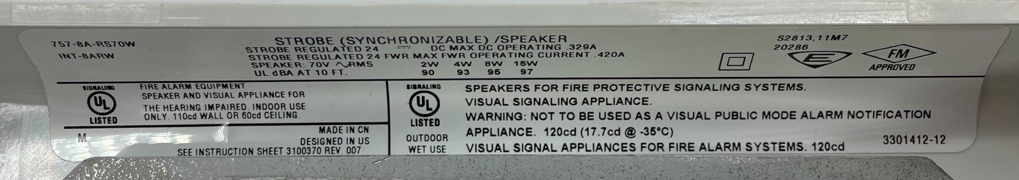Edwards 757-8A-RS70W white re-entrant speaker strobe, 70V speaker strobe light for fire alarm systems, mounted on a wall.