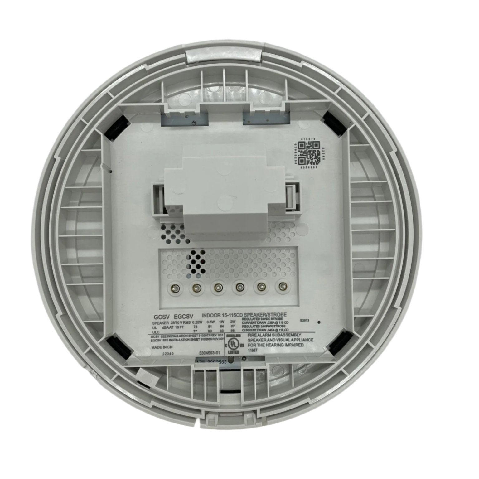 Edwards Genesis LED GCS Series Speaker Strobe with white housing and mounting bracket, designed for emergency alert systems.