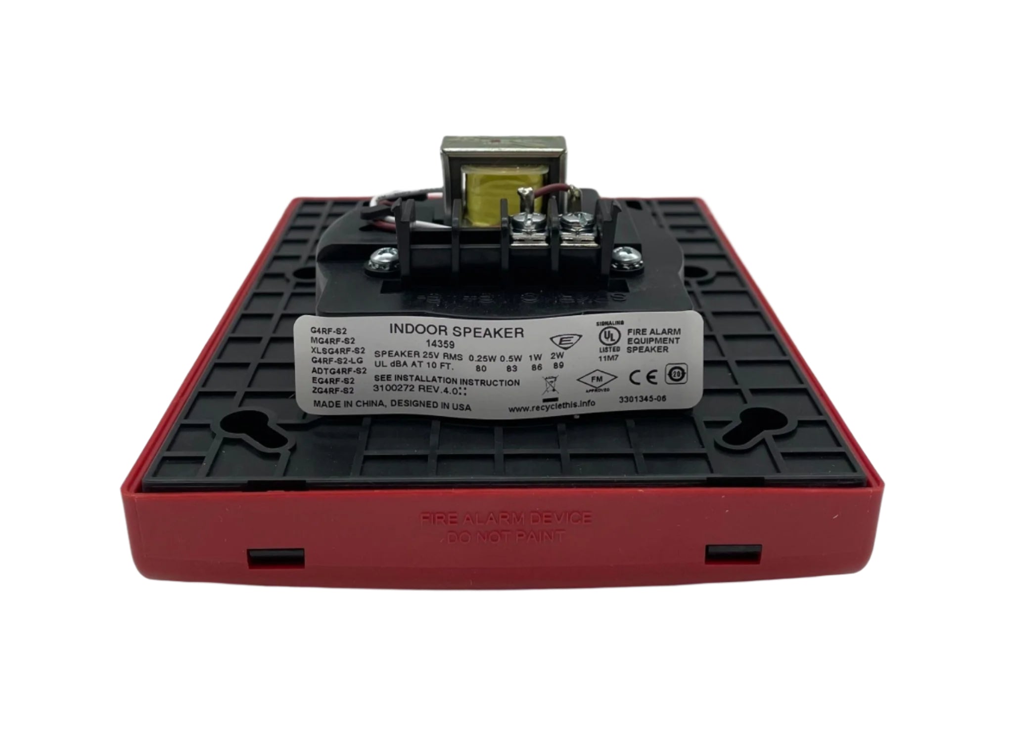 Red Edwards G4RF-S2 25V multi-tap fire speaker with mounting bracket, designed for fire alarm systems.