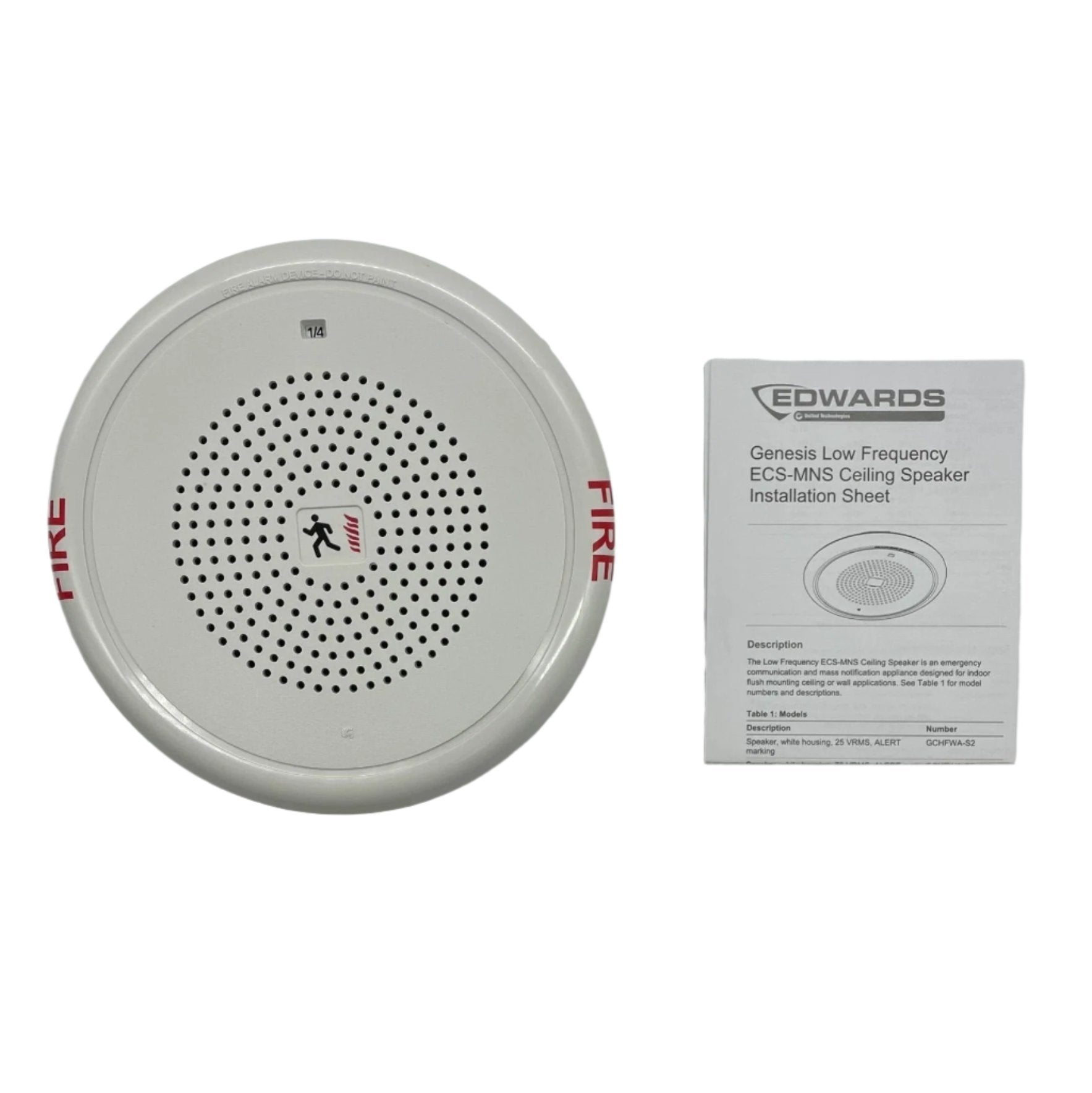 Edwards GCHFWF-S2 ceiling speaker mounted in a ceiling, white speaker grille with built-in speaker components.
