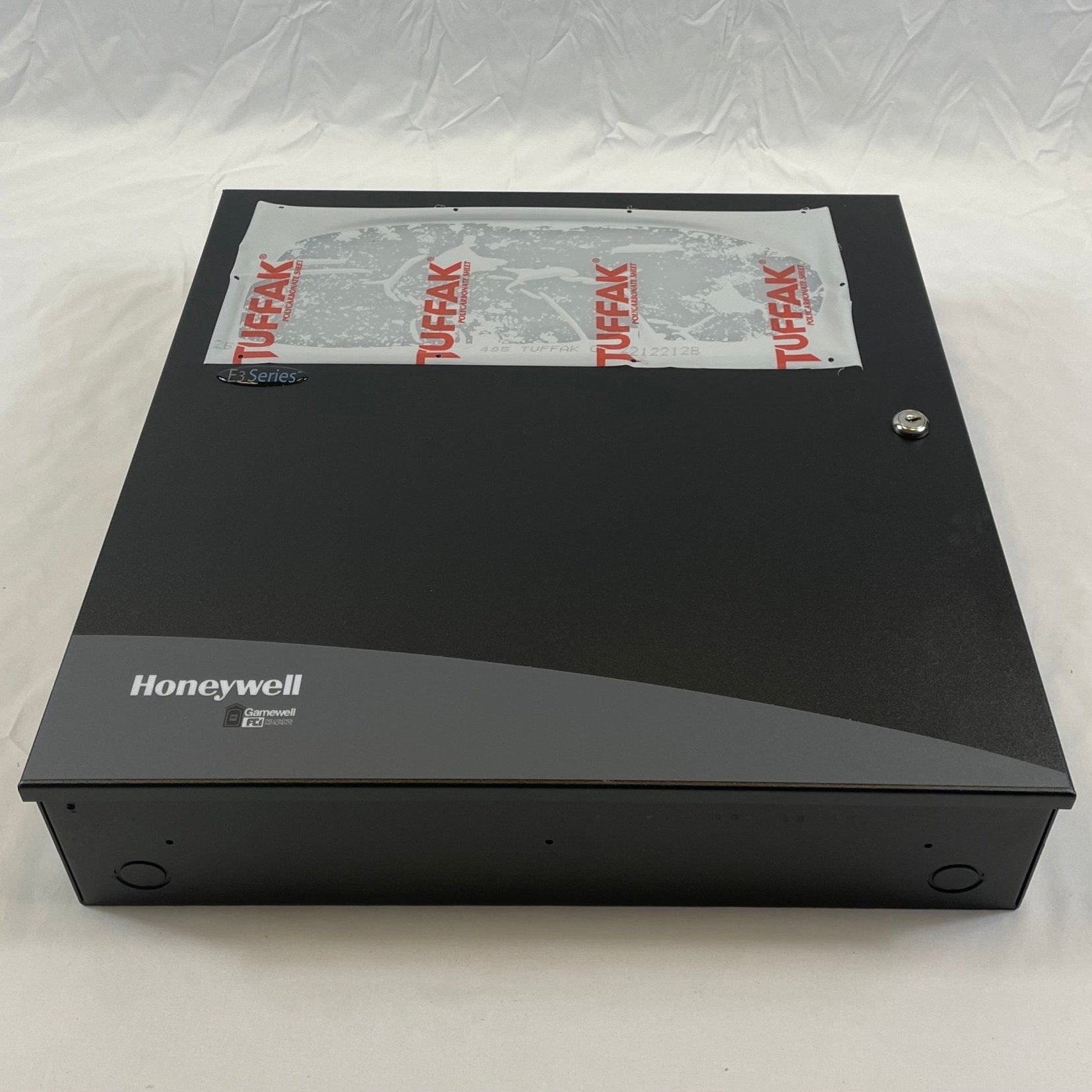 Gamewell-FCI E3BB-BB enclosure cabinet in LOC B size, black metal fire alarm control panel housing with lockable door