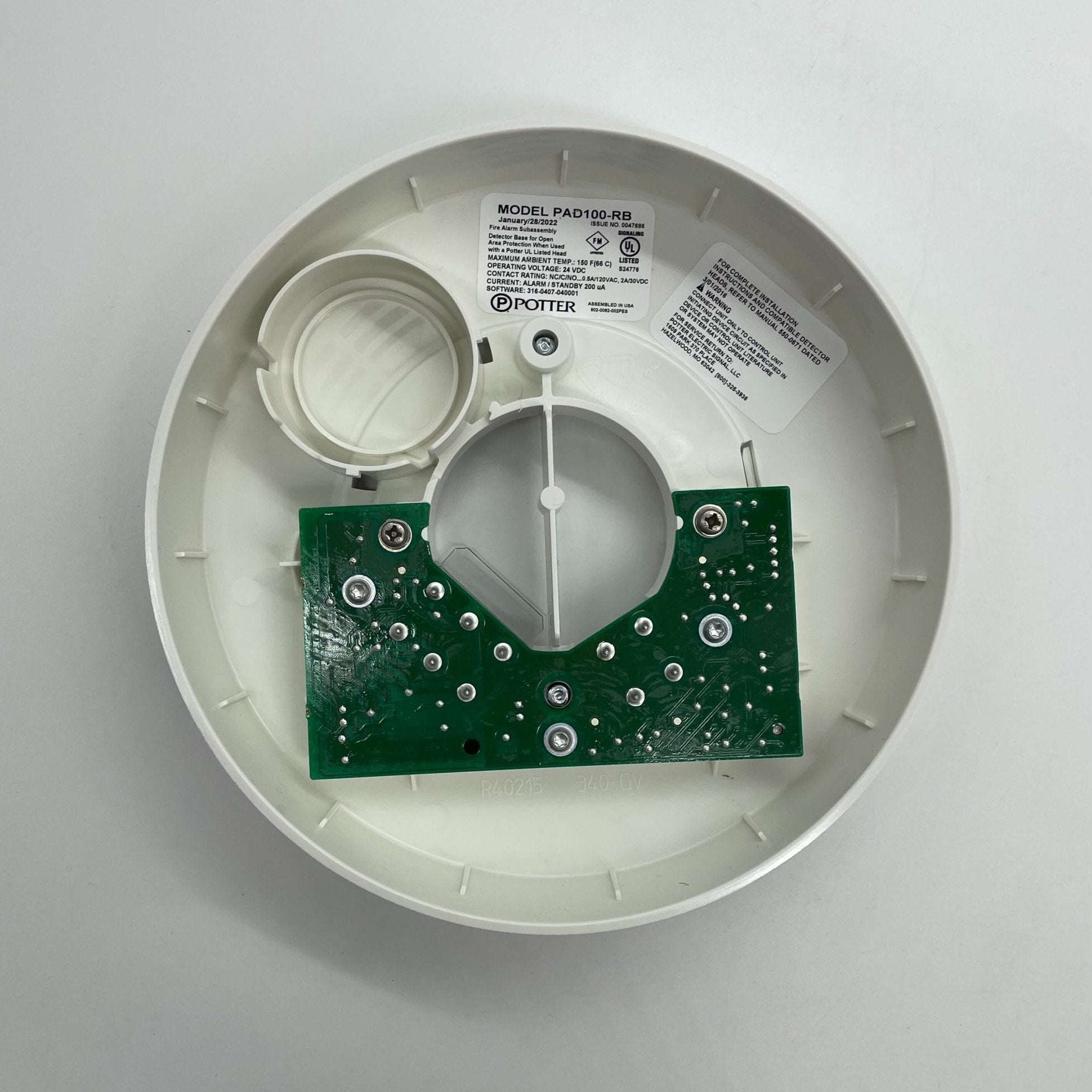 Potter PAD100-RB addressable relay base, 6-inch size, designed for compatible electrical relays, shown in a close-up image.
