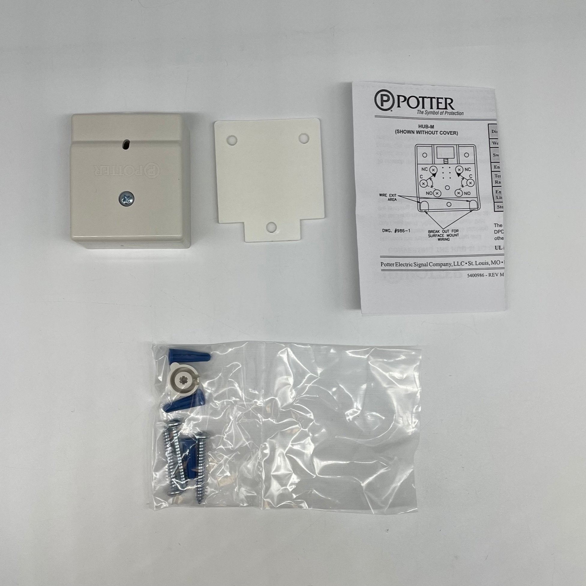 Potter HUB-M single button hold-up switch for fire alarms, shown with the switch and wiring connection.