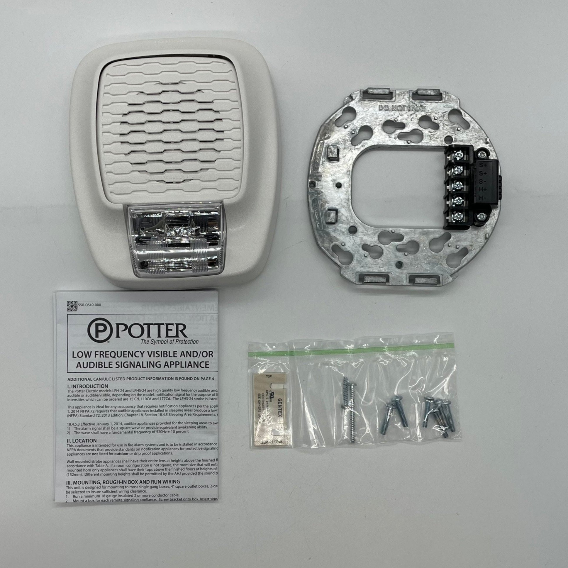 Potter LFHS-110W low frequency horn strobe with yellow housing and mounting bracket, designed for alarm and emergency signaling.