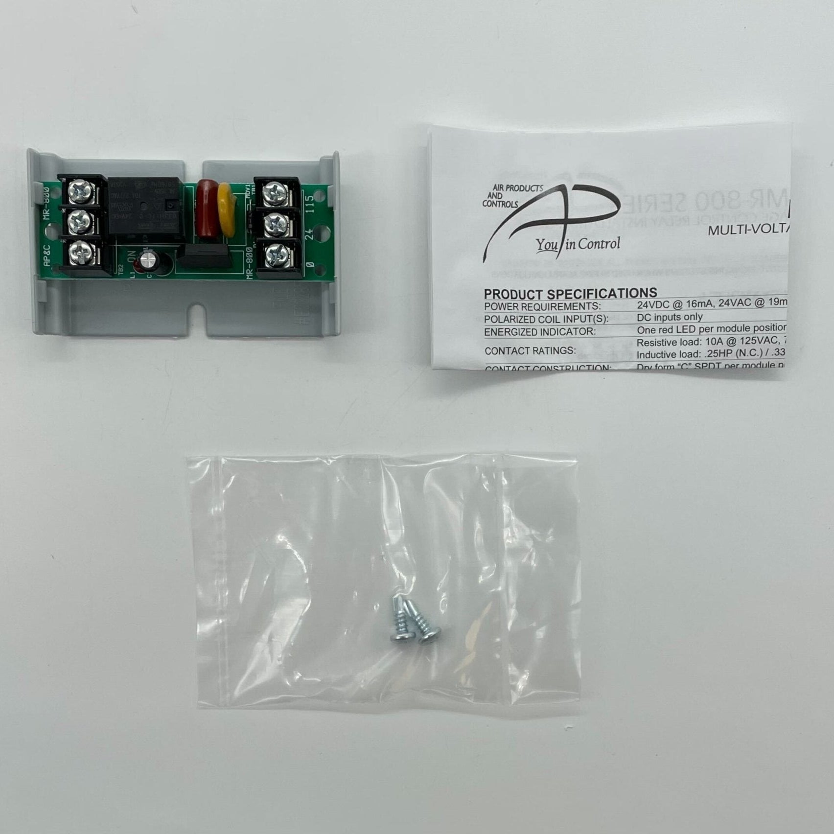 Potter MR-801/T SPDT relay with track mount, showing the compact electrical relay with metal contacts and mounting base.