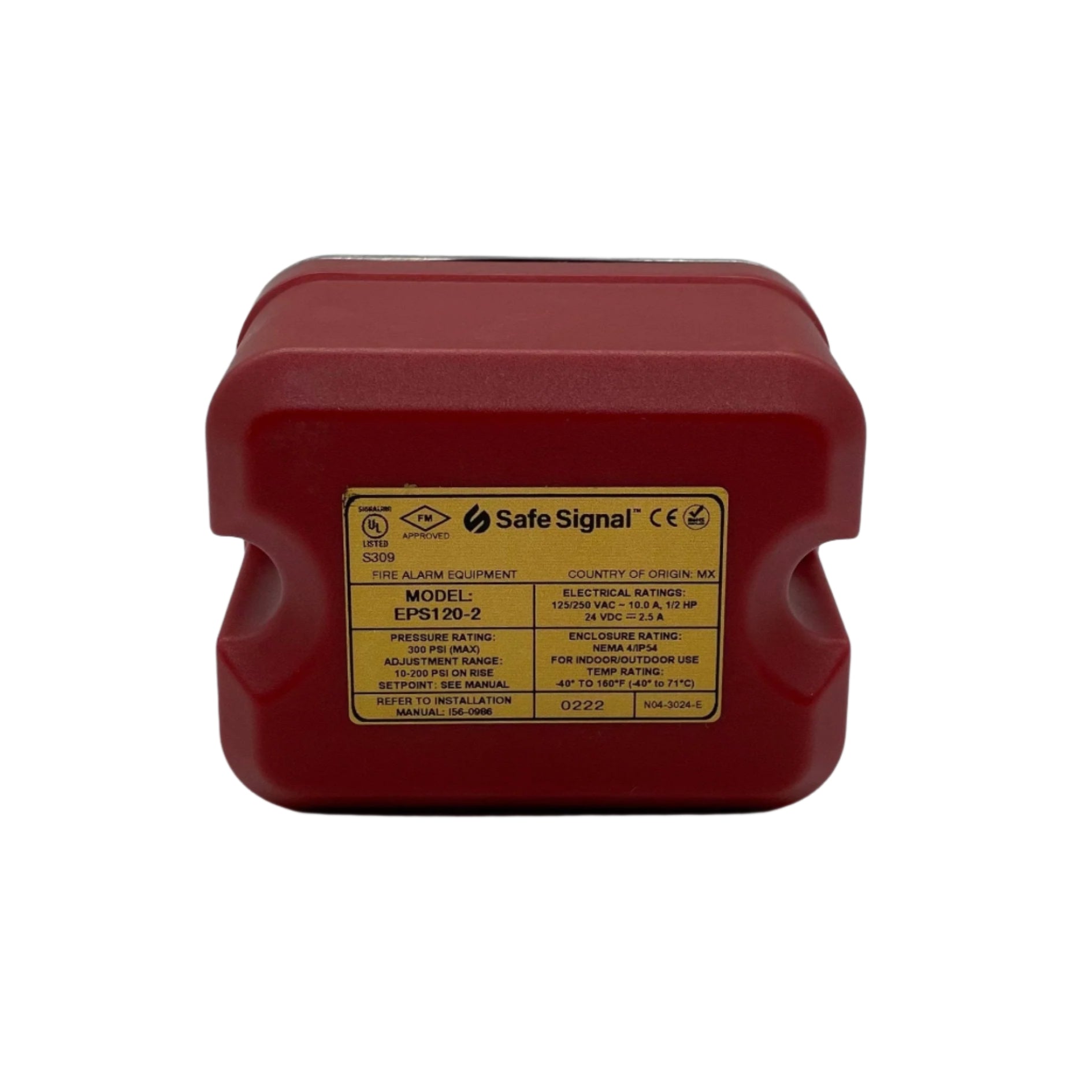 Safe Signal EPS120-2 power supply with two SPDT switches, showcasing the compact device with clearly labeled switches.