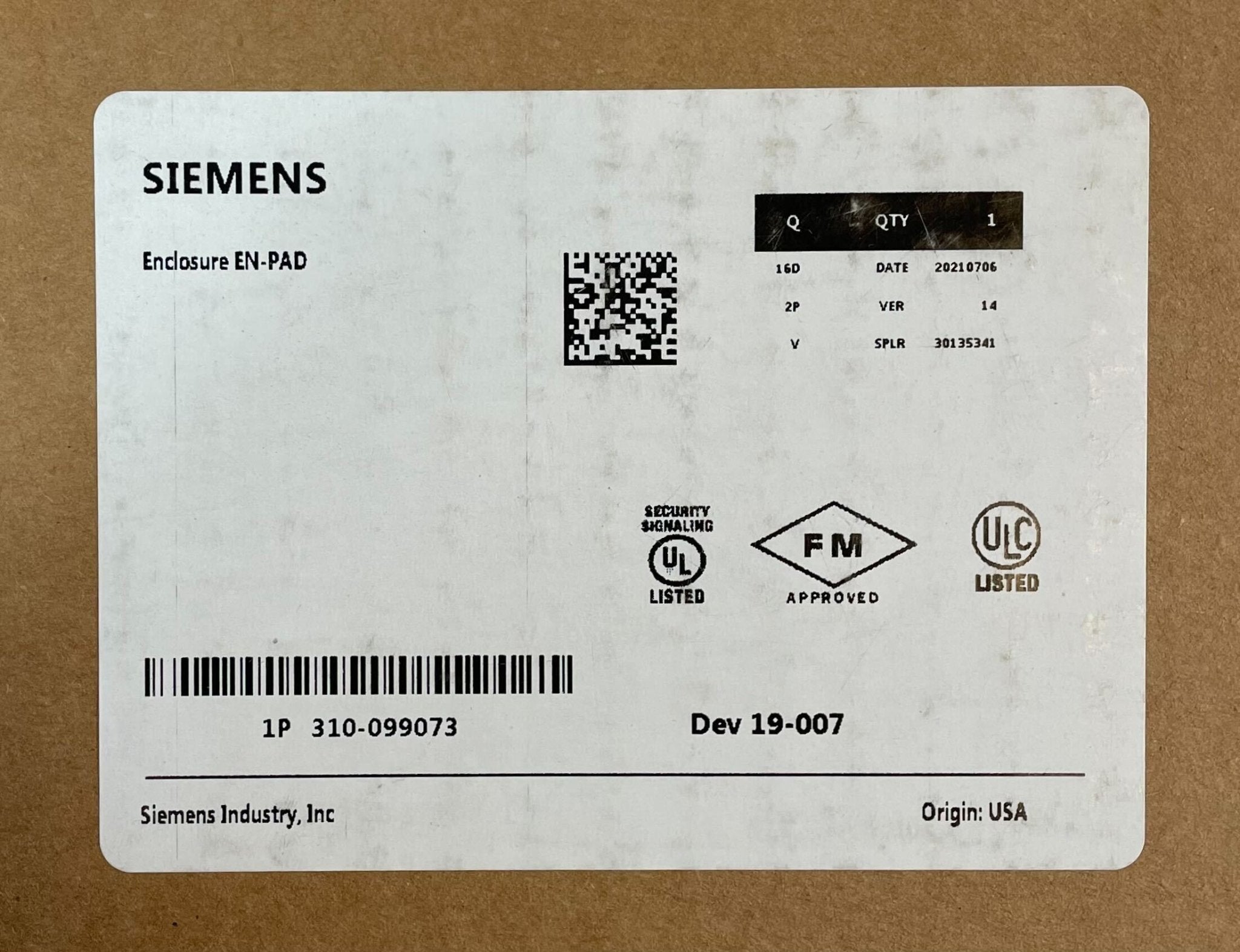 Black Siemens EN-PAD enclosure for PAD-3 fire alarm system, protective housing with secure mounting for safety and durability.
