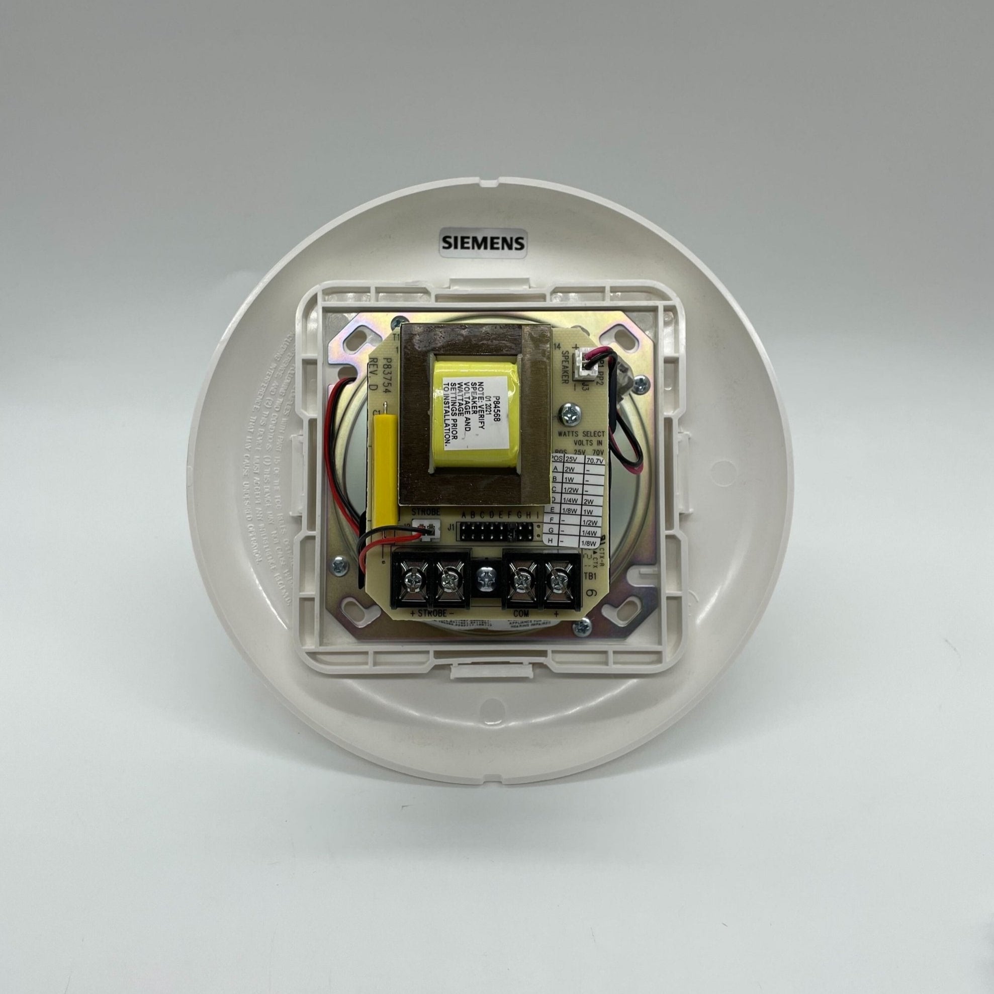 Siemens SE-HMC-CW ceiling speaker with multi-candela white finish, mounted on ceiling, designed for high-quality audio.