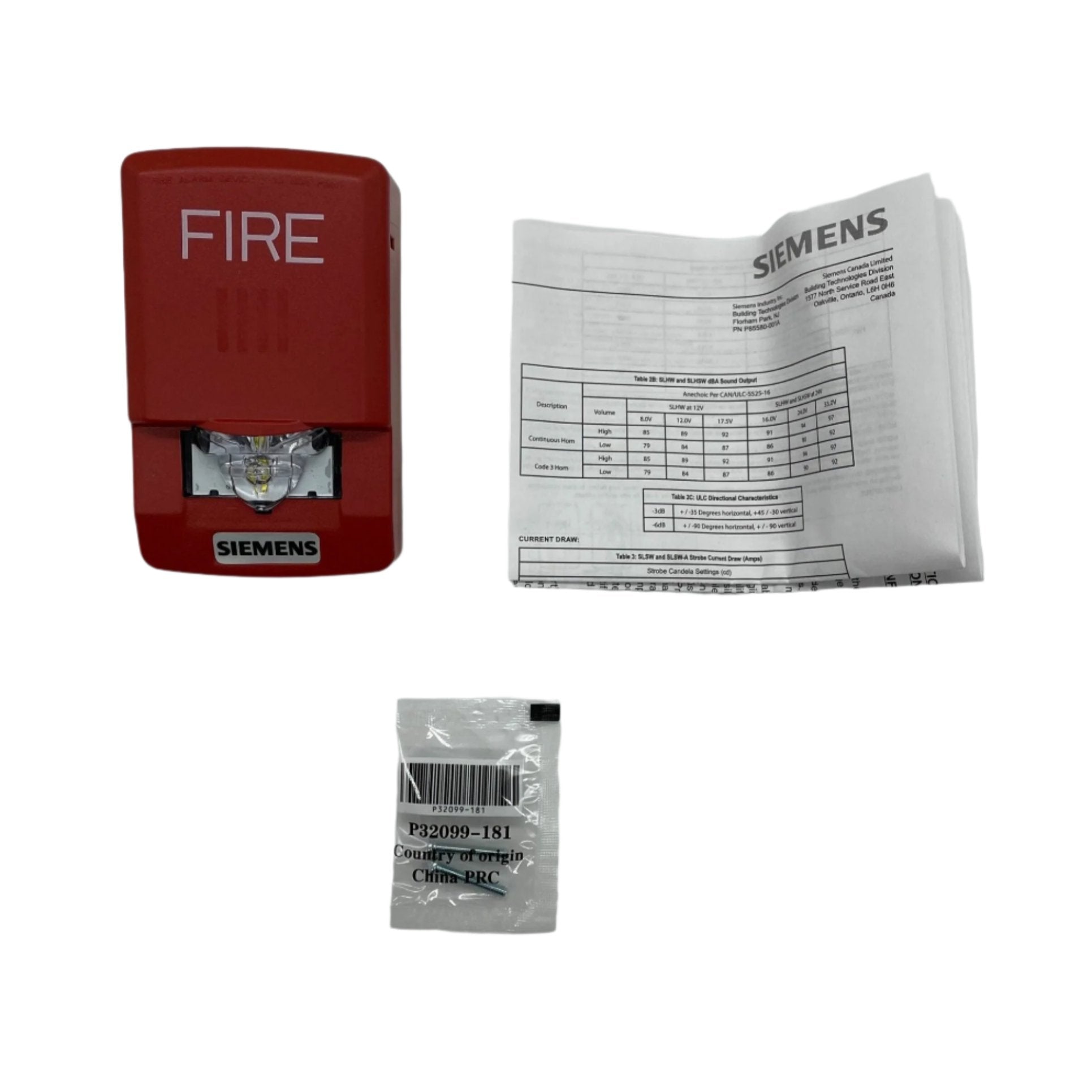 Siemens SLSWR-F red fire strobe wall light, emergency warning device with flashing strobe for fire safety.