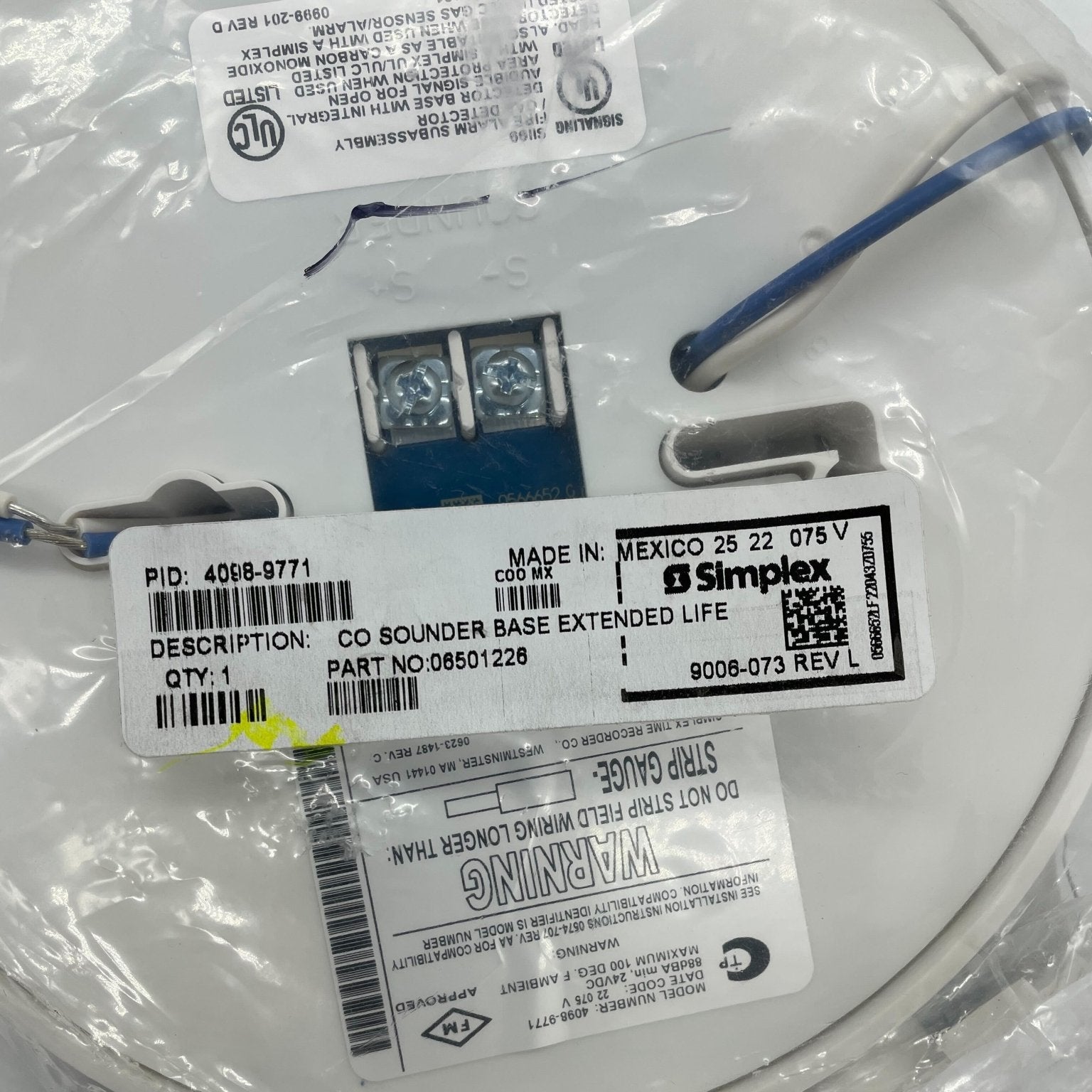 Simplex 4098-9771 CO Base with Sounder for fire alarm systems, showing the base and sounder components.