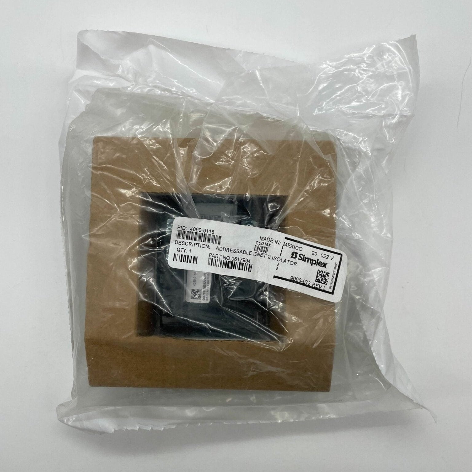 Simplex IDNET Addressable IDNet Communications Isolator, black device with connection ports, used for communication network isolation.