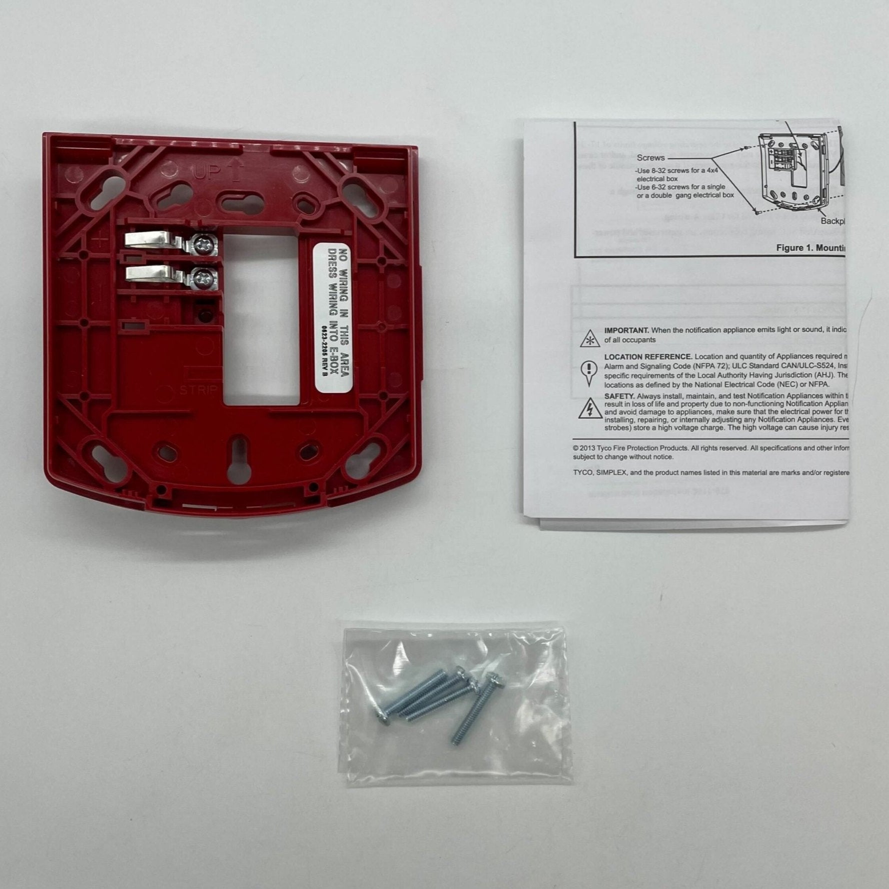 Simplex 49MP-AVVOWR mounting plate wall mount in red, showing the metal plate with screw holes for secure installation.
