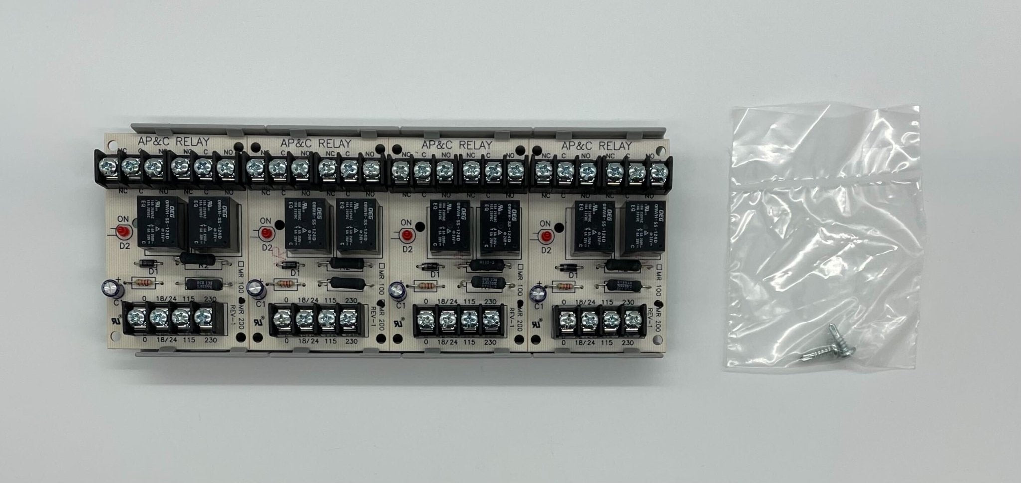 Set of four Simplex 2088-9019 relays with DPDT switches and LED indicators, suitable for electrical control applications.