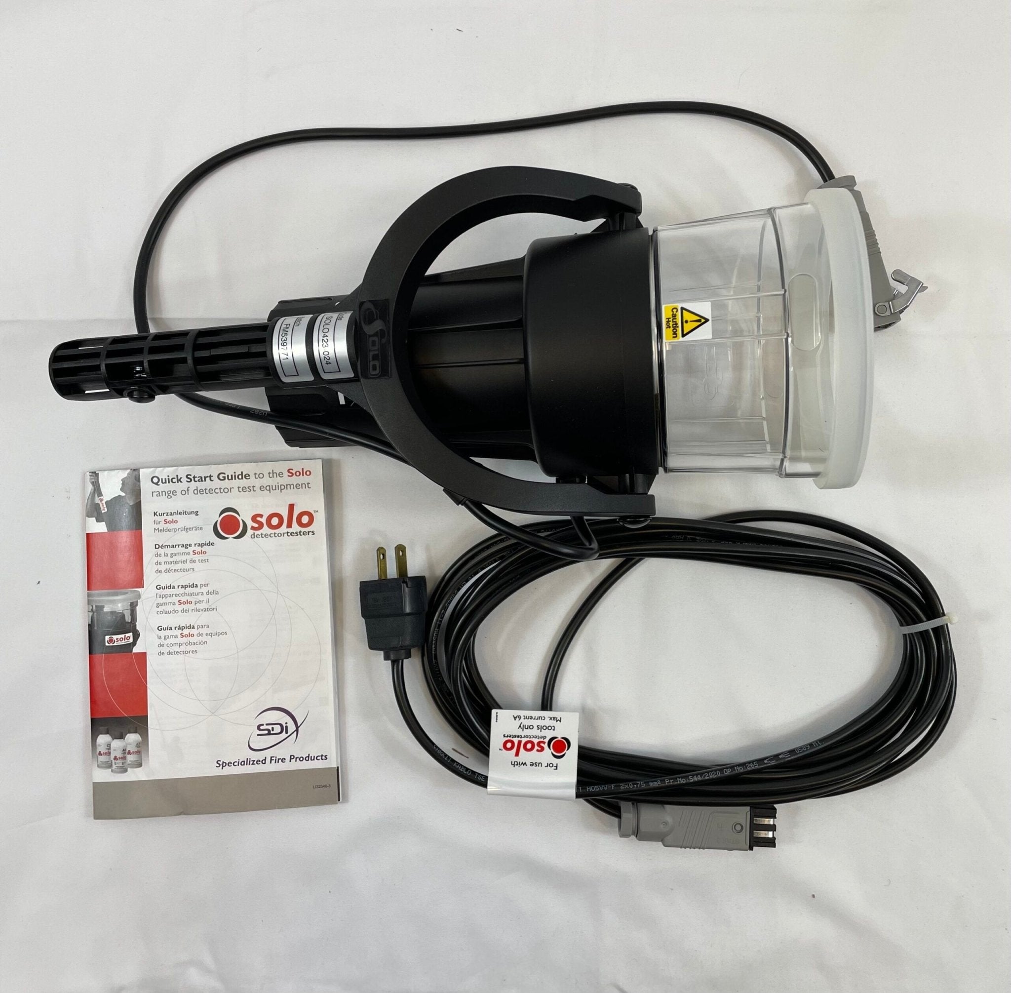 Solo 423 heat detector tester, a compact testing device for heat sensors, with a sleek design and functional controls.