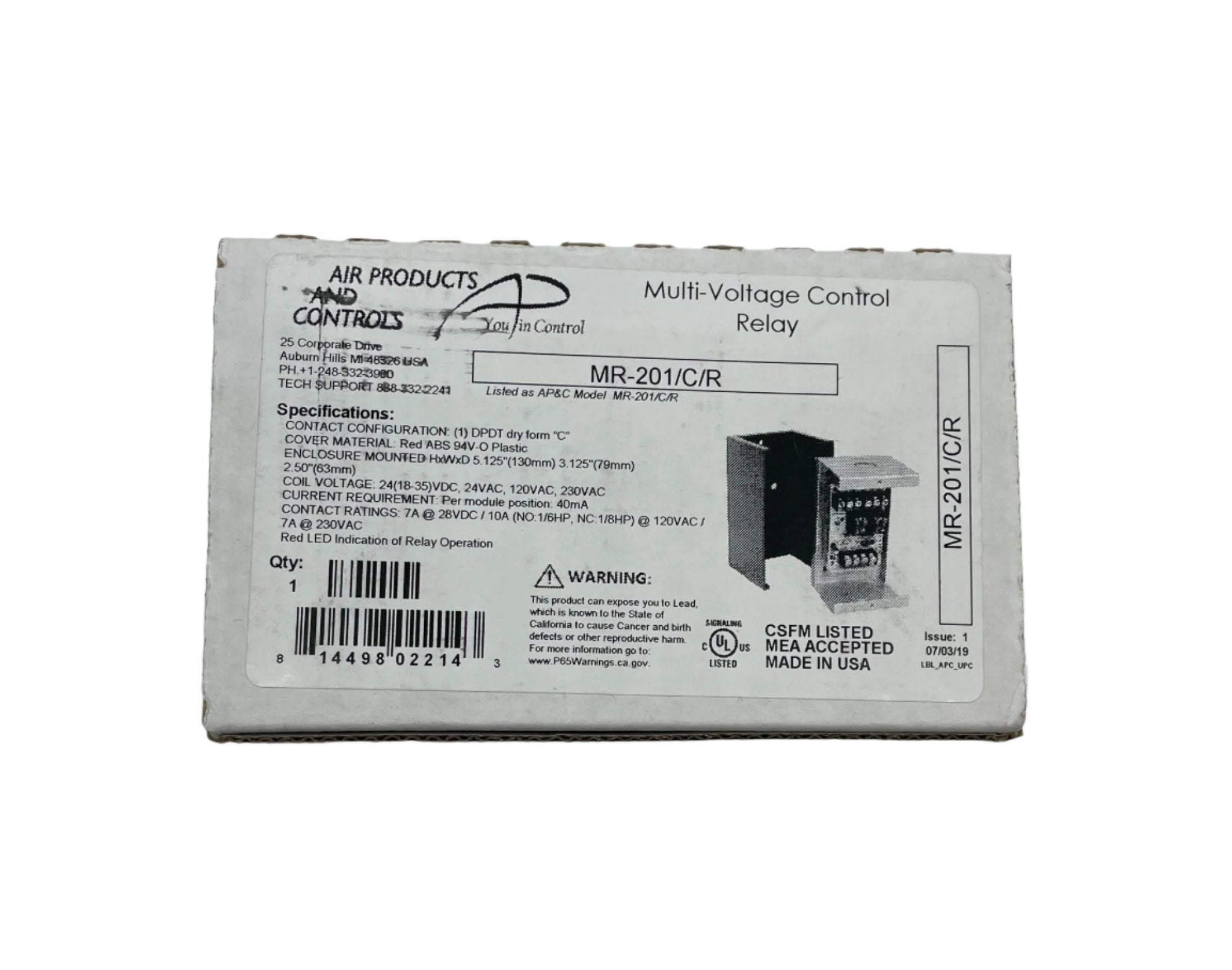 Space Age SSU-MR-201/C/R multi-voltage control relay showing electrical terminals and compact design for industrial control applications