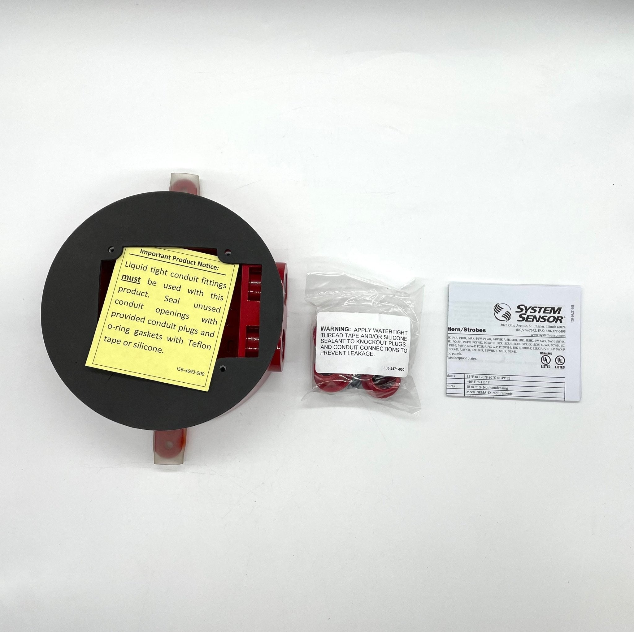 System Sensor SA-WBBC backbox mounted on wall, durable metal enclosure for fire alarm system wiring and components.