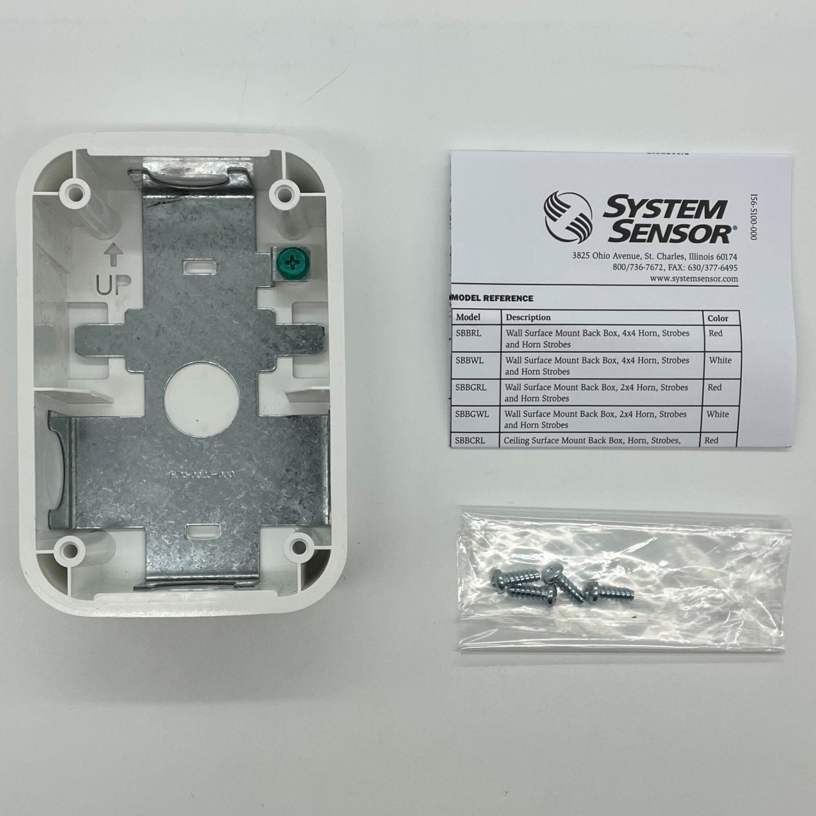 White System Sensor SBBGWL wall surface mount back box for electrical installations, shown mounted on a wall.
