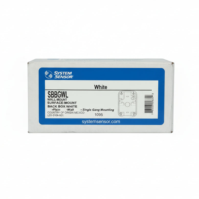 White System Sensor SBBGWL wall surface mount back box for electrical or communication installations.