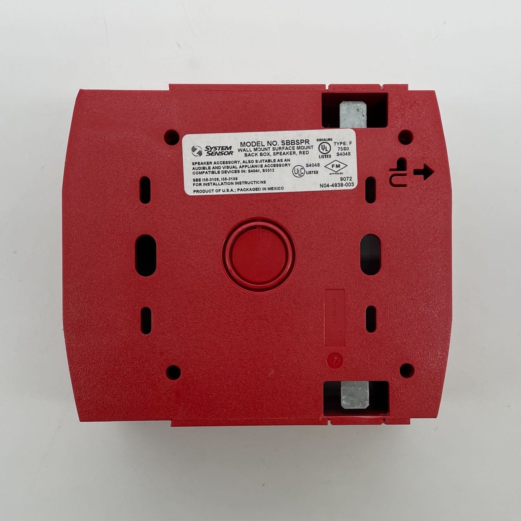 Red wall-mount back box for security sensors, designed by System Sensor, featuring a sturdy rectangular metal enclosure.