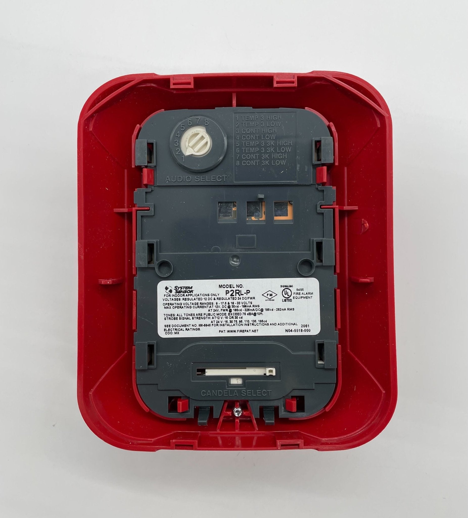 System Sensor P2RL-P horn strobe alarm with red housing and clear lens, designed for fire alarm notification.