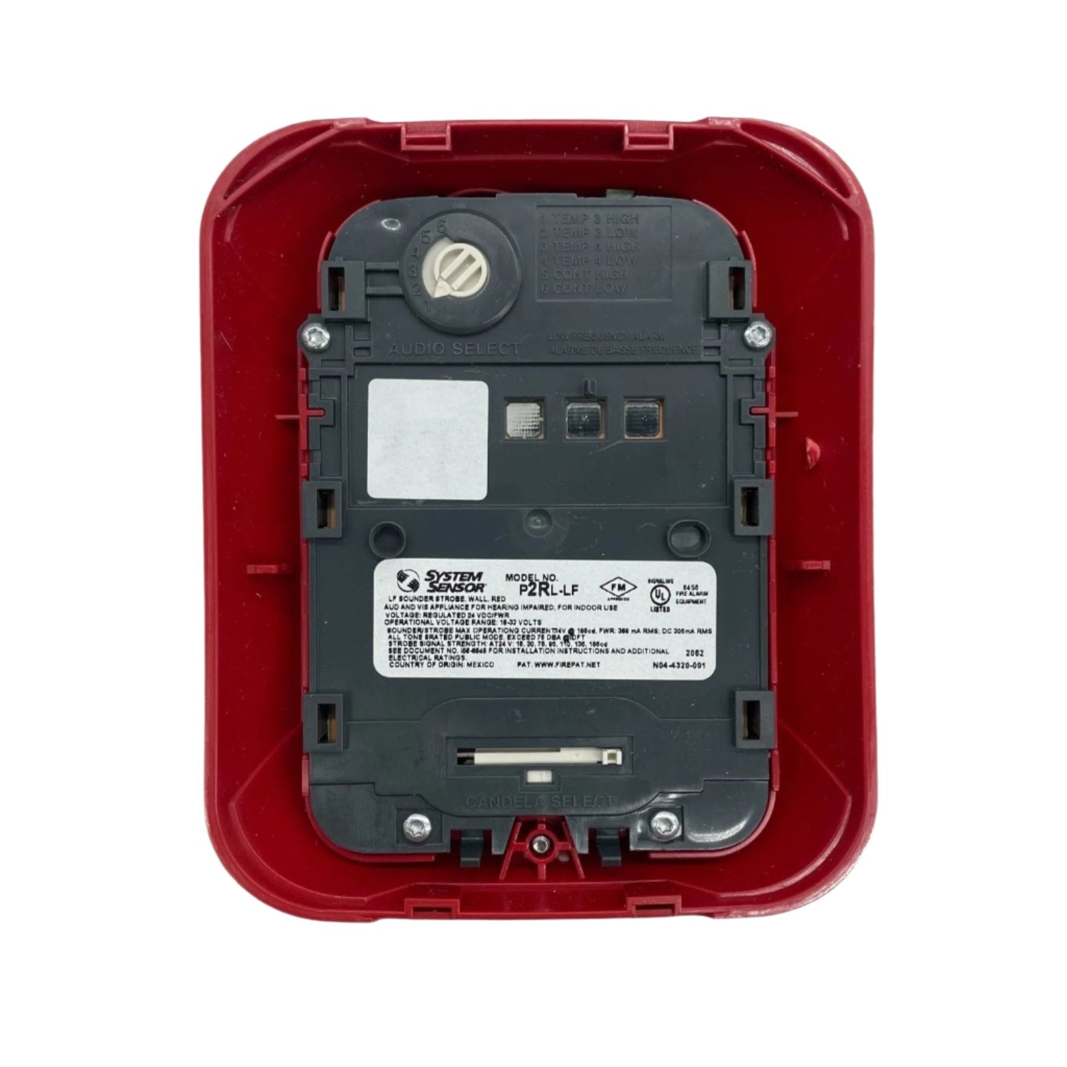 System Sensor P2RL-LF low frequency sounder strobe with orange housing and mounting bracket for fire alarm signaling.