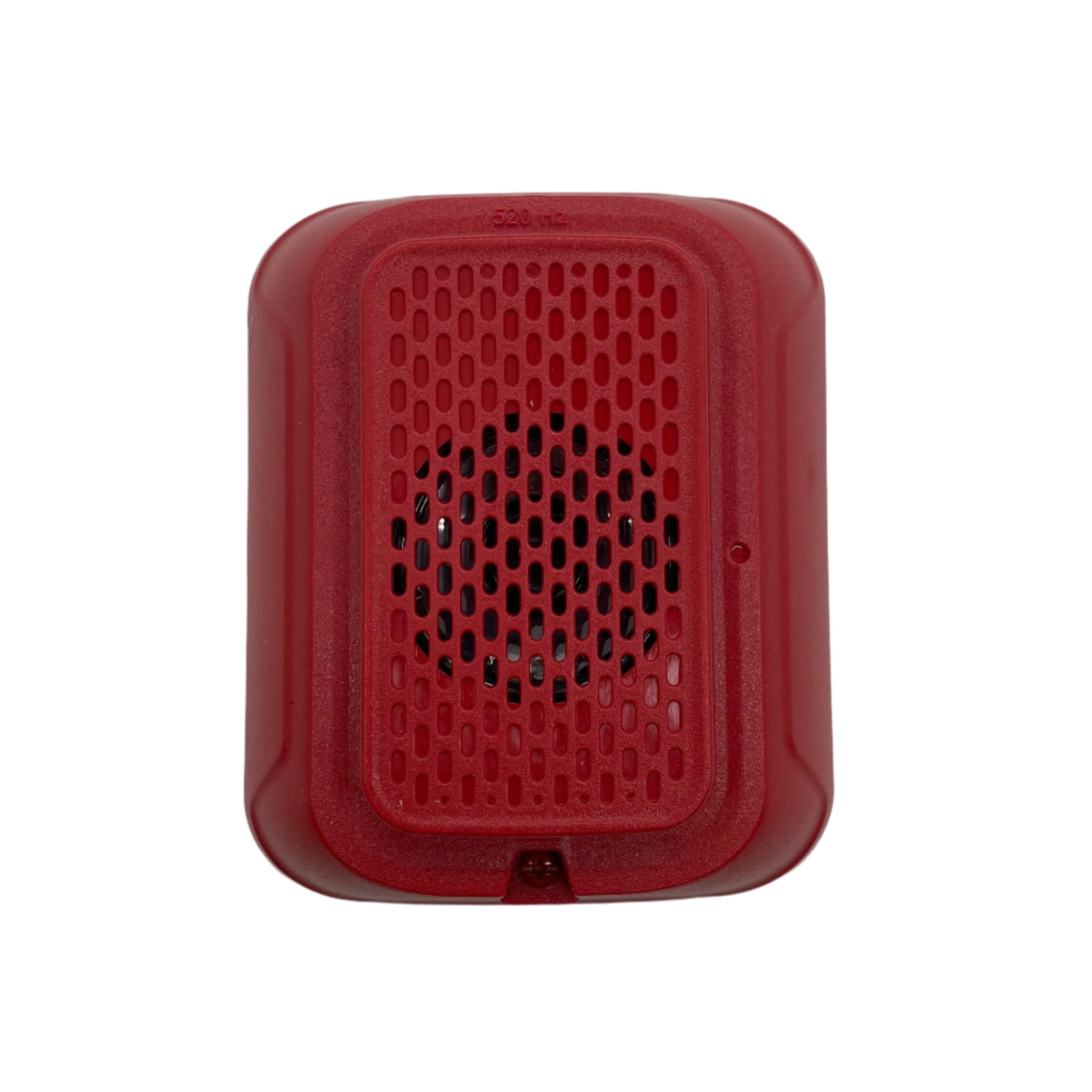 System Sensor HRL-LF low-frequency sounder, 2-wire red alarm sounder for fire alarm systems, visible with red casing and wiring.