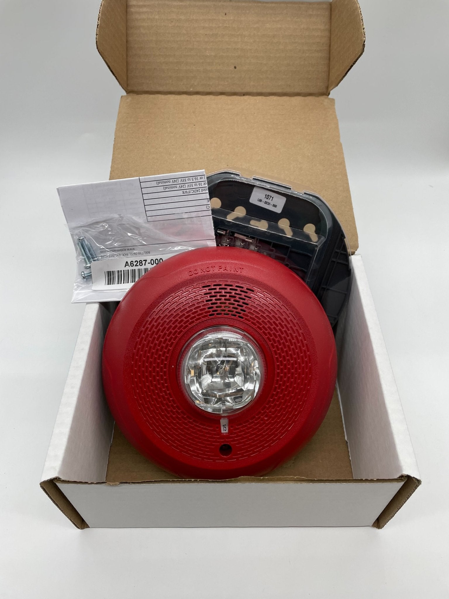 System Sensor CHSCRL red ceiling chime strobe light, fire alarm strobe with chime function for safety alert.