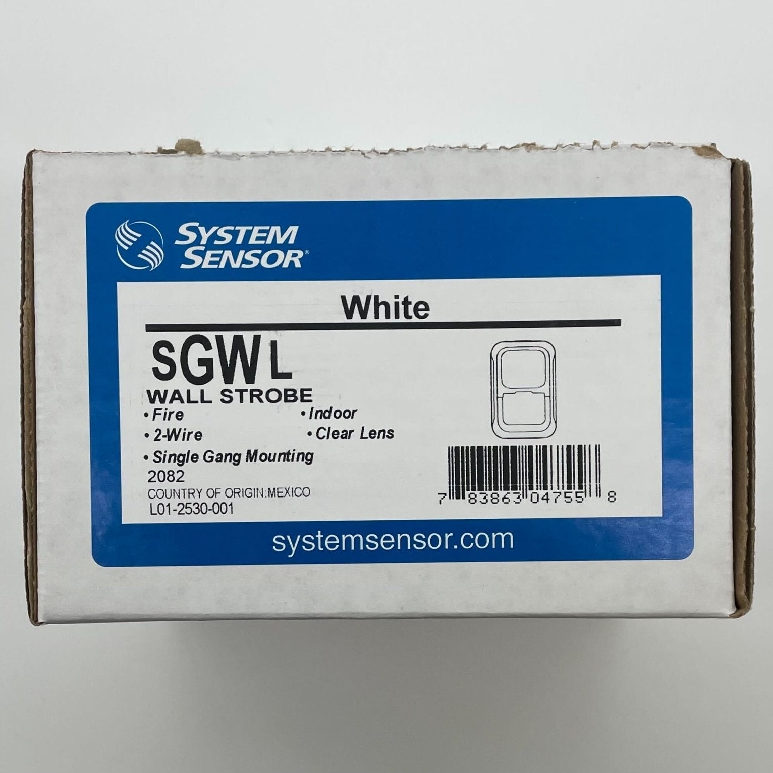 White wall-mounted System Sensor SGWL strobe light for emergency signaling and visual alerts.