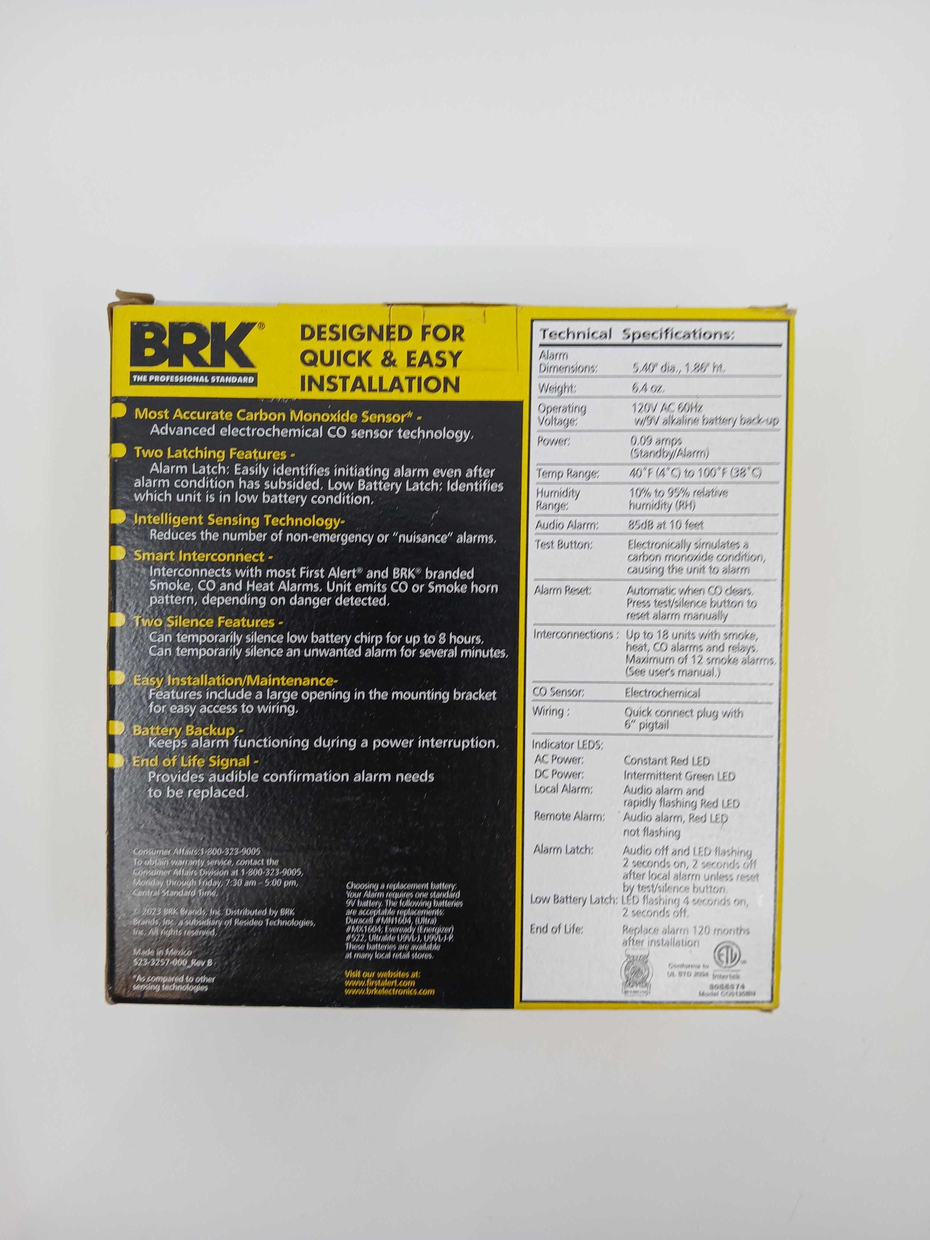BRK CO5120BN 120VAC/DC Hardwired Carbon Monoxide Alarm