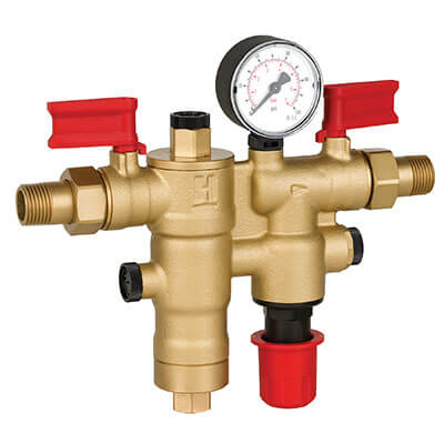 Resideo NK300S-100UP boiler feed combination valve for fire alarm systems, shown with metal body and control components.
