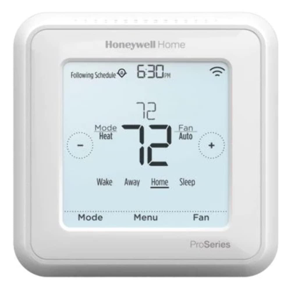 Honeywell Home T6 Pro Smart Thermostat displaying digital screen with temperature controls and settings.