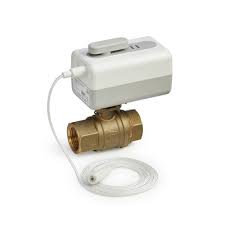 Resideo VWS02Y-1 Wi-Fi actuator with 1/2" NPT ball valve, designed for fire alarm systems, shown with control components.
