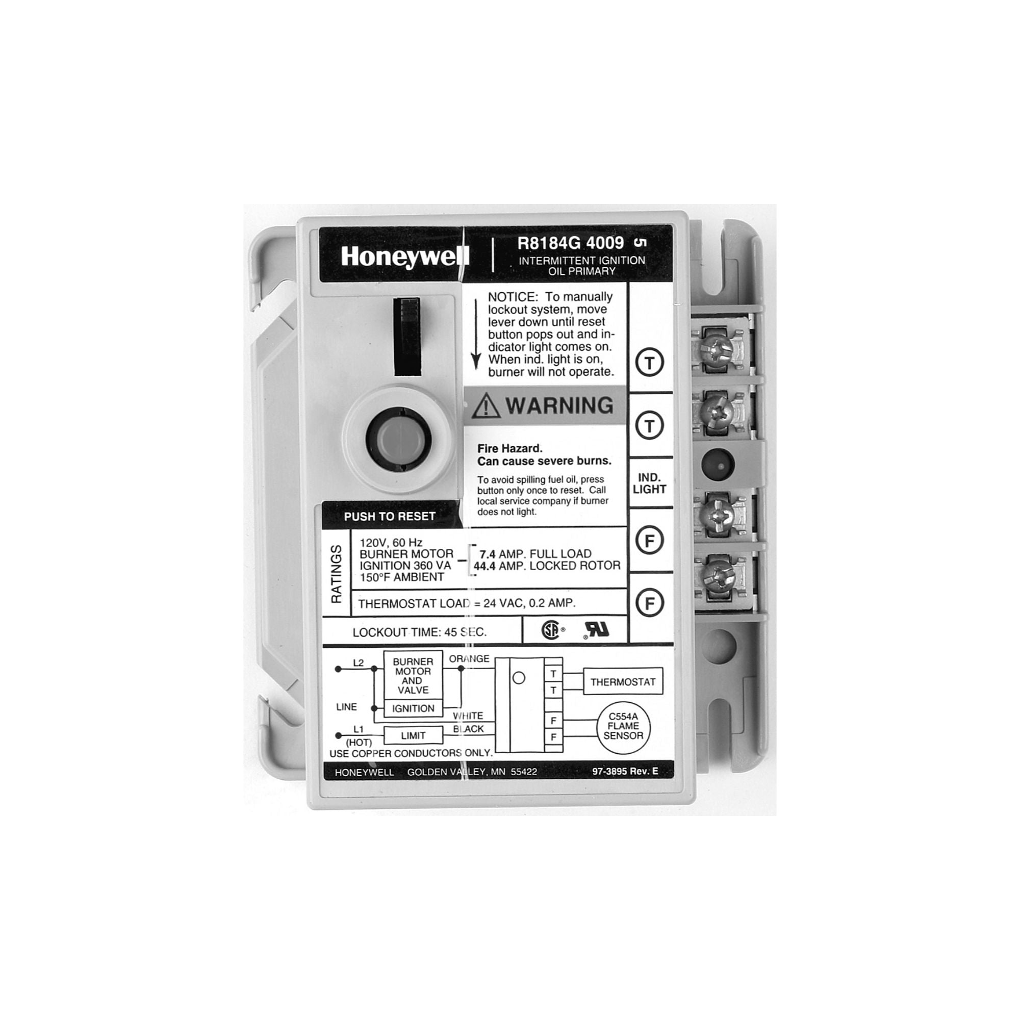 Resideo R8184G4066/U Protectorelay Oil Burner Control with 15 Seconds Lock Out Timing, R8184G4066