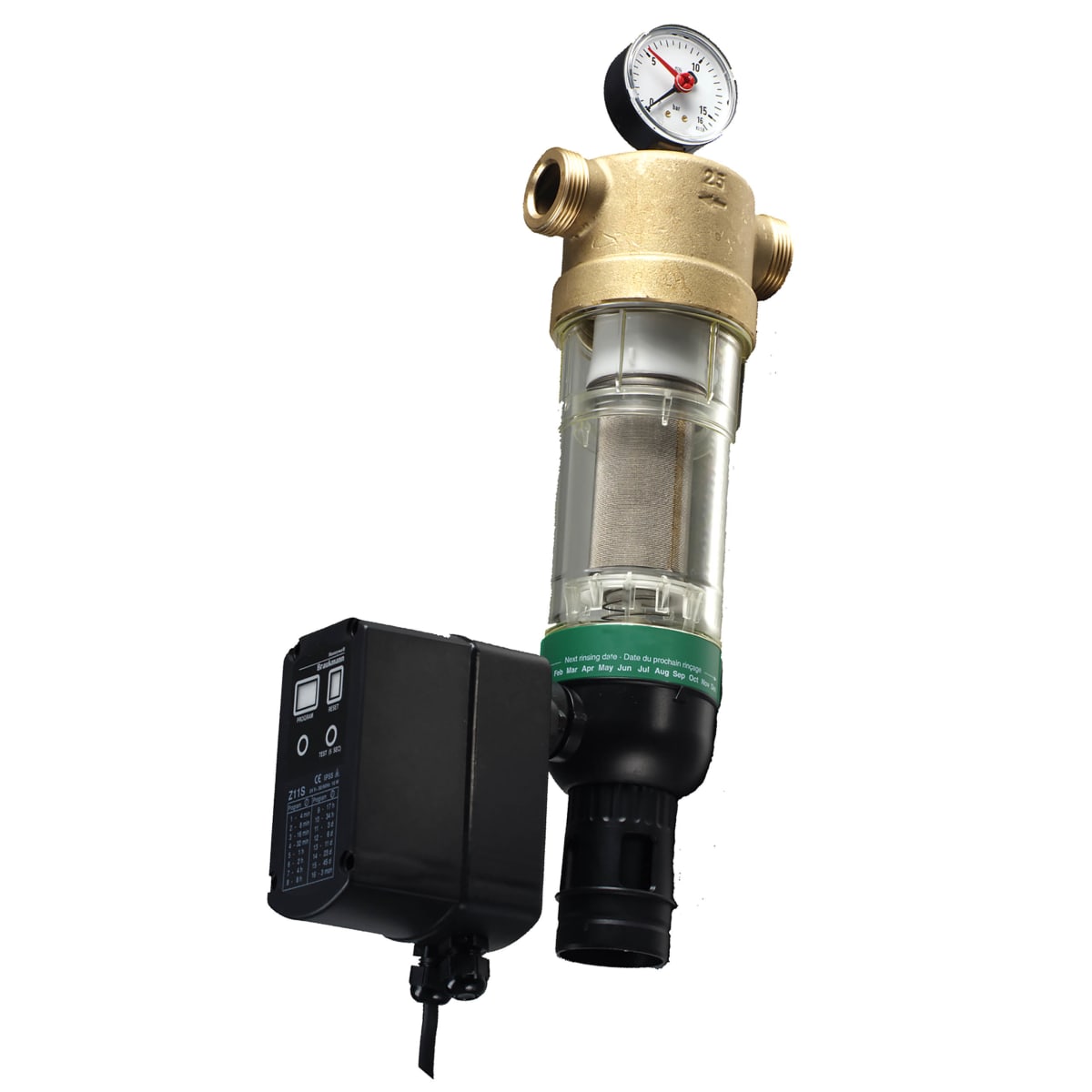 Resideo F76S1023 1-inch water filter for fire alarm systems, shown in a close-up image with filter components visible.