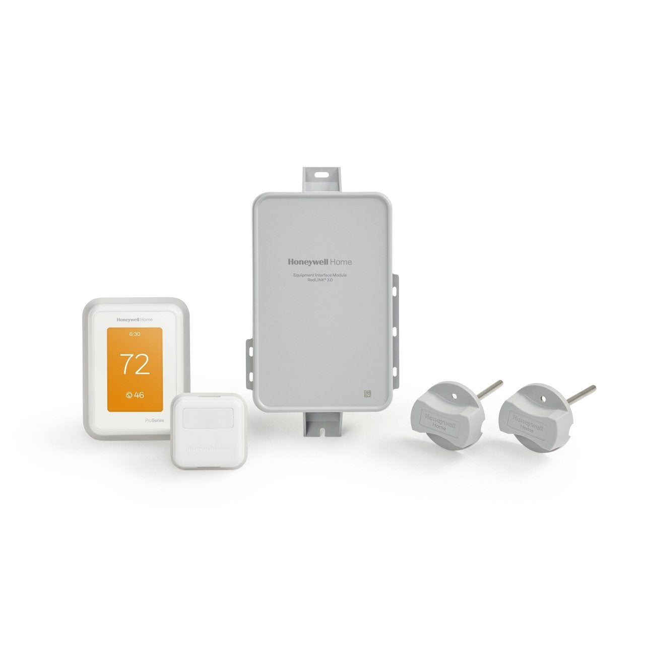Honeywell Home T10+ Pro Smart Thermostat with EIM mounted on wall, digital display showing temperature controls.