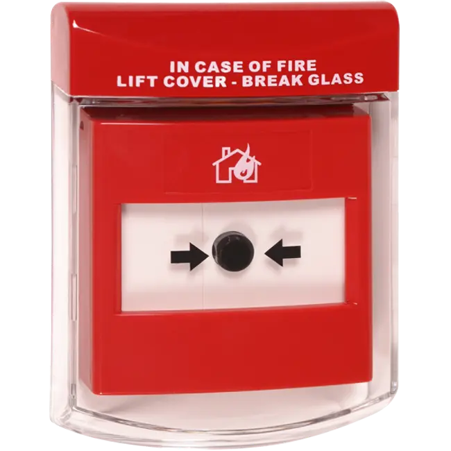 STI-6930 Call Point Stopper flush mount fire alarm device with red emergency button and protective cover.