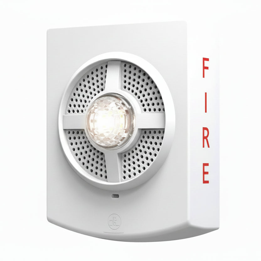 Siemens white speaker strobe wall fire alarm with loudspeaker and strobe light for emergency alerts.