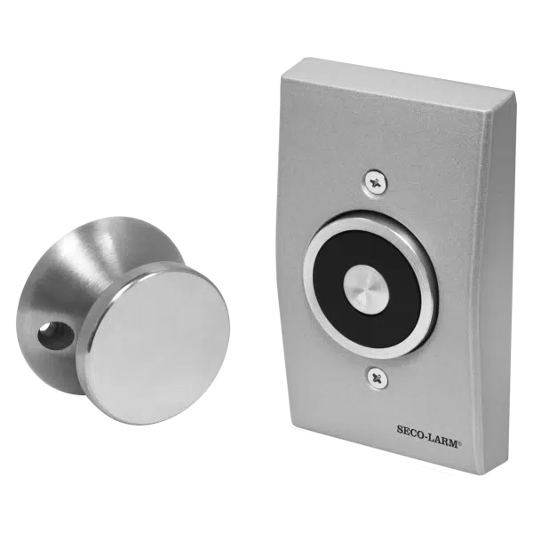Seco-Larm DH-171SQ magnetic door holder for fire alarm systems, flush-mount design with sleek finish visible in the image.